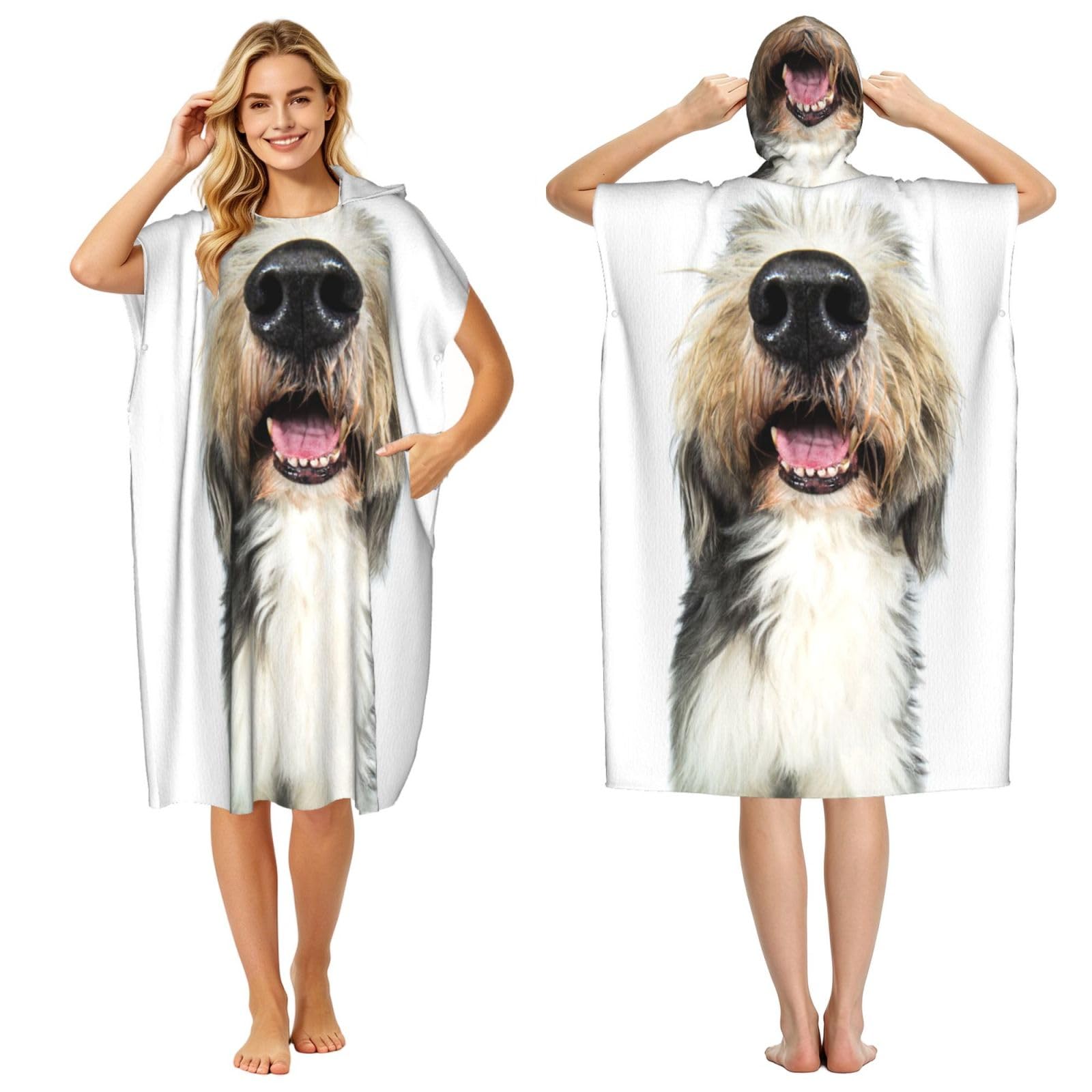 Poadnly Dog Bearded Collie Funny Nose, Adult Hooded Beach Towel 90 x 110 cm,Changing Bath Robe, Surf Poncho Towel For Women Men