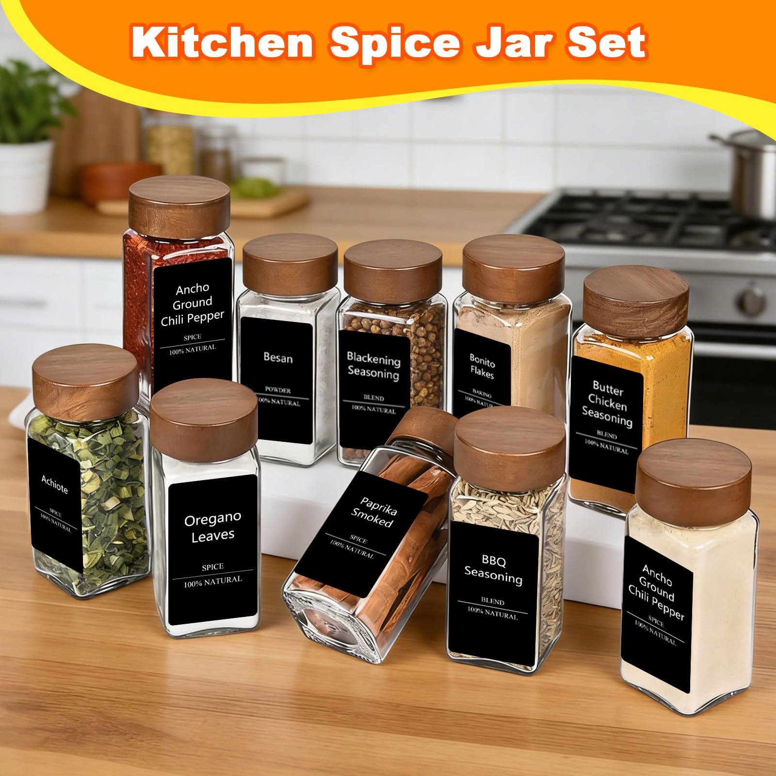24 Pezzi Barattoli Spezie in Vetro da 120ml con Coperchio in Legno di Acacia, Etichette, Spazzola & Imbuto, Contenitori Spezie per Cucina, Barattolo Portaspezie Quadrati per Conservare Erbe Aromatiche