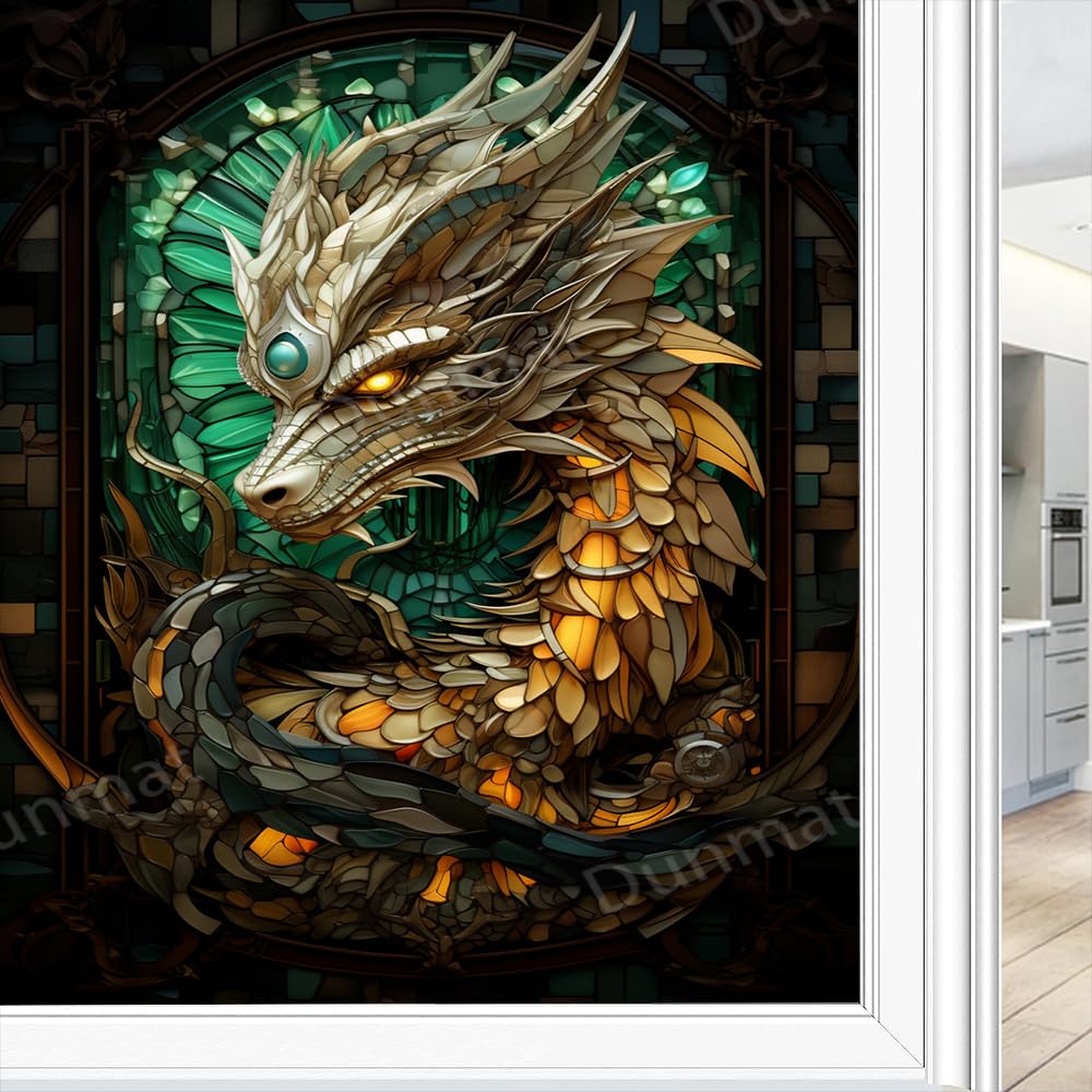 Gorgeous Dragon Stained Glass Window Film Colorful Cool White Animal Privacy Window Film Glass Door Covering Non-Adhesive Window Stickers for Bathroom Kitchen 70 x 120 cm