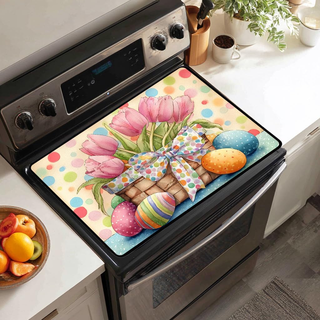 Tulips Flower Basket Stove Top Covers for Electric Stove Cute Easter Eggs Electric Stove Top Cover Protector,Spring Floral Stove Mat Protector,Heat Resistant Cooktop Stovetop Cover