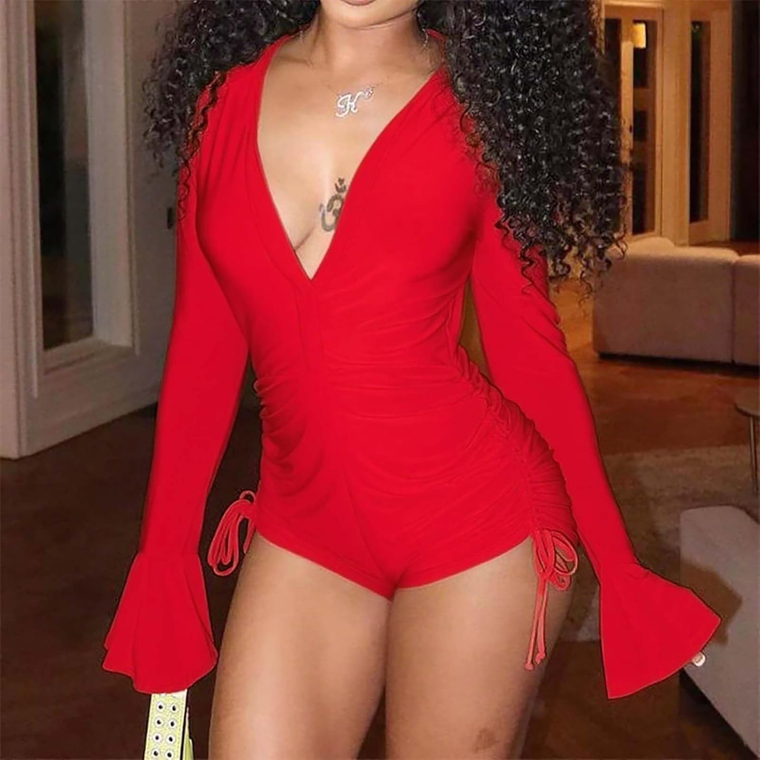 Womens Sexy V Neck Long Trumpet Sleeve Jumpsuit Short Pants Bodycon One Piece Outfits Clubwear Party Romper - Image 3
