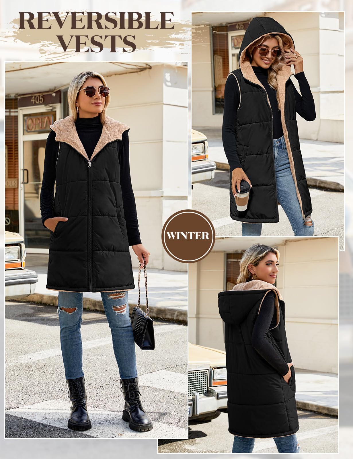 Tuopuda Gilet Donna Lungo in Pile, Smanicato Invernale con Cappuccio, Cappotto Senza Maniche Termico Giubbotto Imbottito Giacca con Cerniera e Tasche