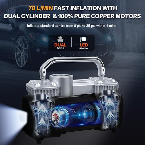Miniatura 7 de GSPSCN Inflado 6 veces más rápido, bomba de compresor de aire portátil, doble cilindro, inflador de neumáticos resistente con luz LED, bomba de aire