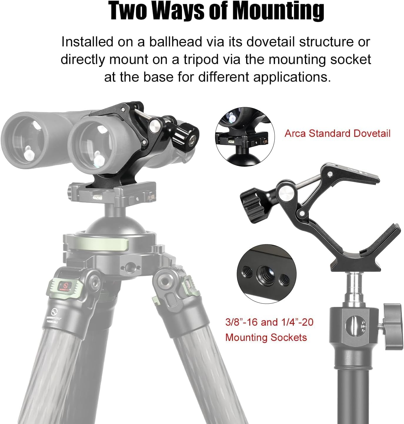 Sunwayfoto CC-10 Binocular Mount Clamp w Arca Compatible Dovetail & 1/4" / 3/8" Sockets