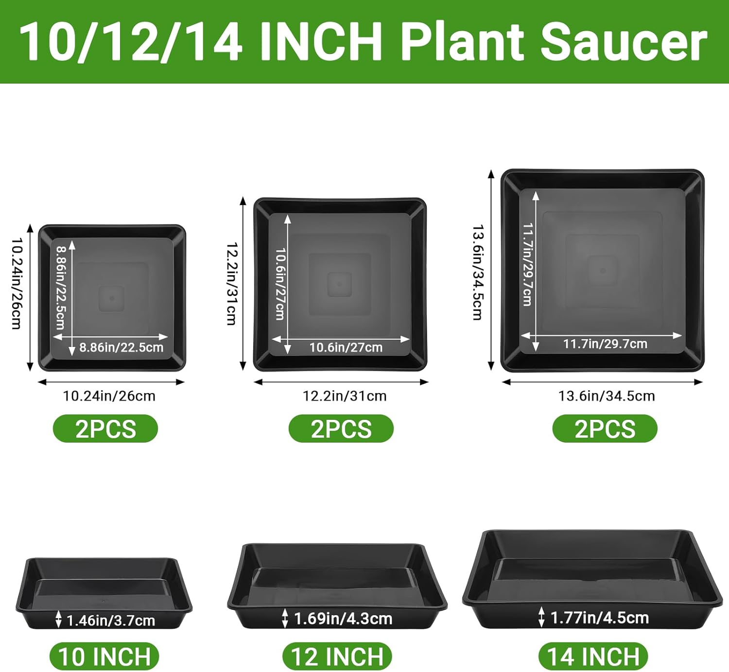 GREANER 10/12/14 Inches Square Plant Saucer, Black Plant Drainage Tray, Seed Starter Growing Trays for Indoors and Outdoors (6 PCS)
