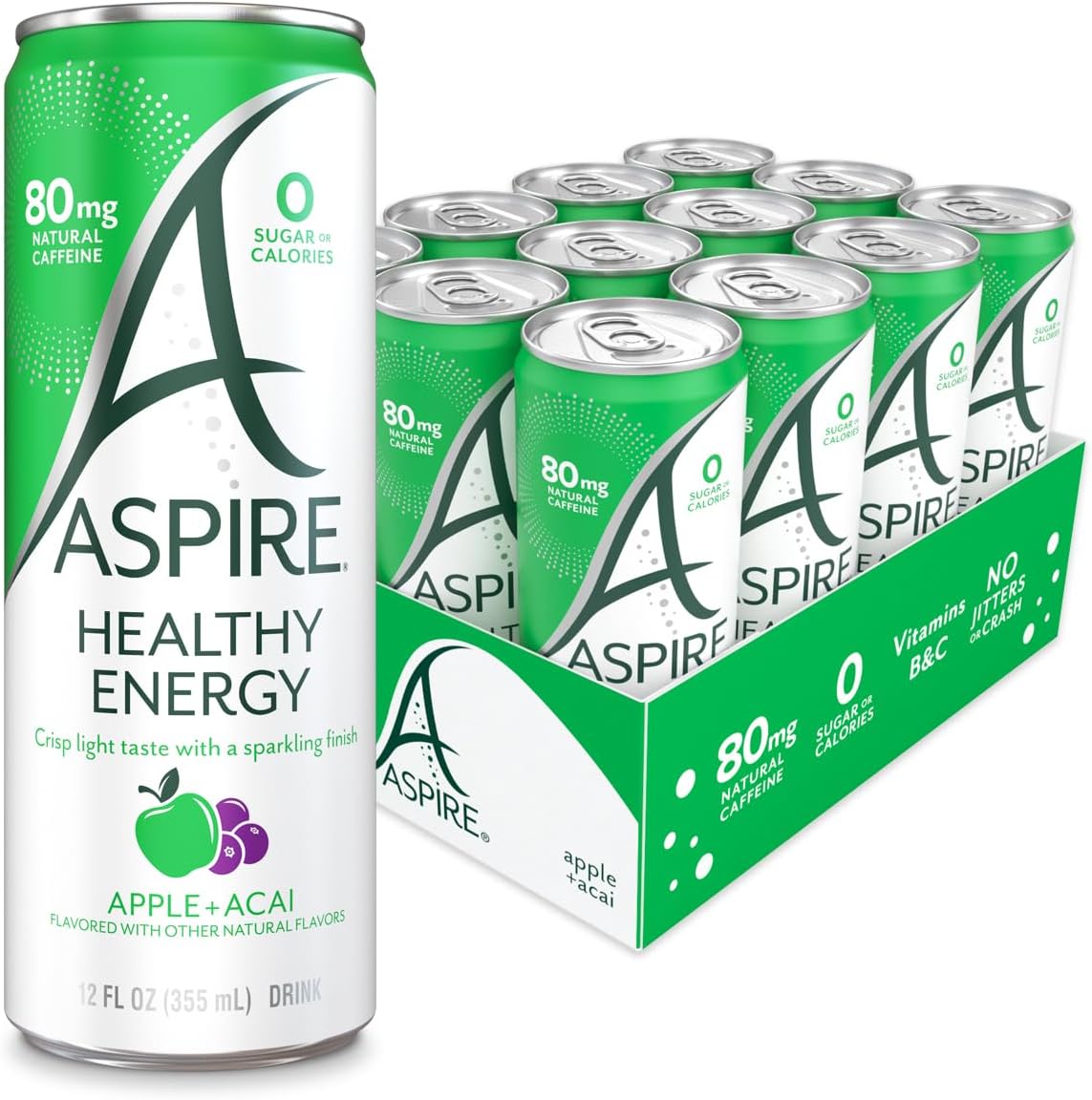 ASPIREยฎ Apple Acai, Healthy Energy Drink with Low Caffeine, No Sugar, Carbs, and Keto Friendly, 24 Pack