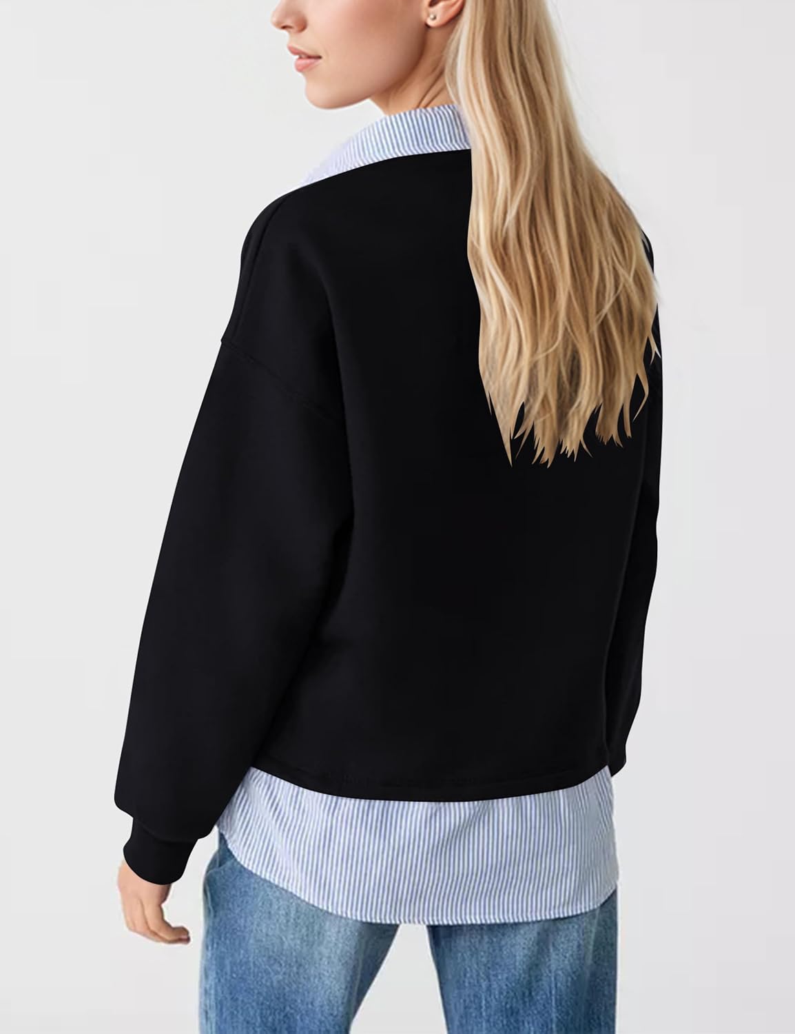 Lauweion Women’s Oversized Polo Neck Sweatshirt Casual 2 in 1 Long Sleeve Collared Contrast Striped Half Button Up Pullover - Image 3