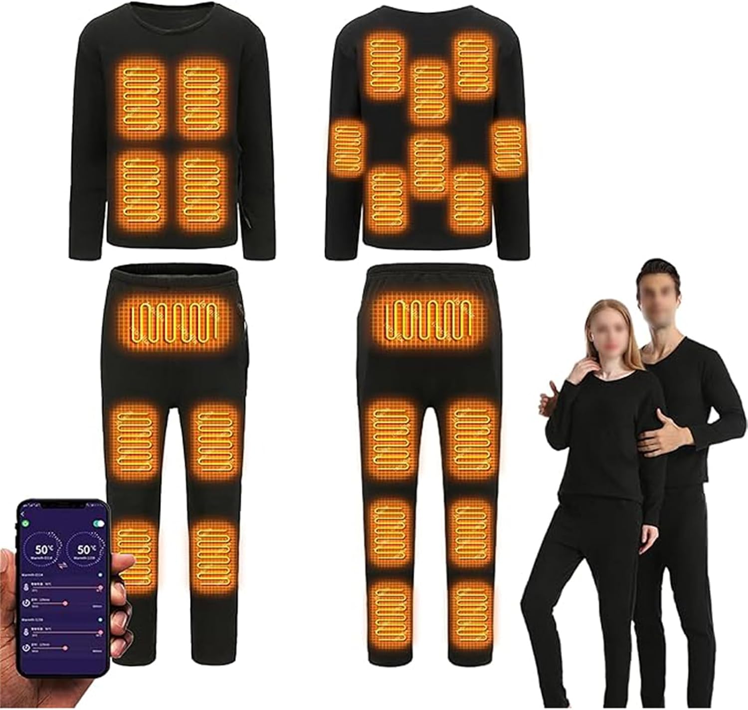 Heated Thermal Underwear Set Ultra Soft Long Sleeve Top And Pants USB Charging With App to Control Temperature