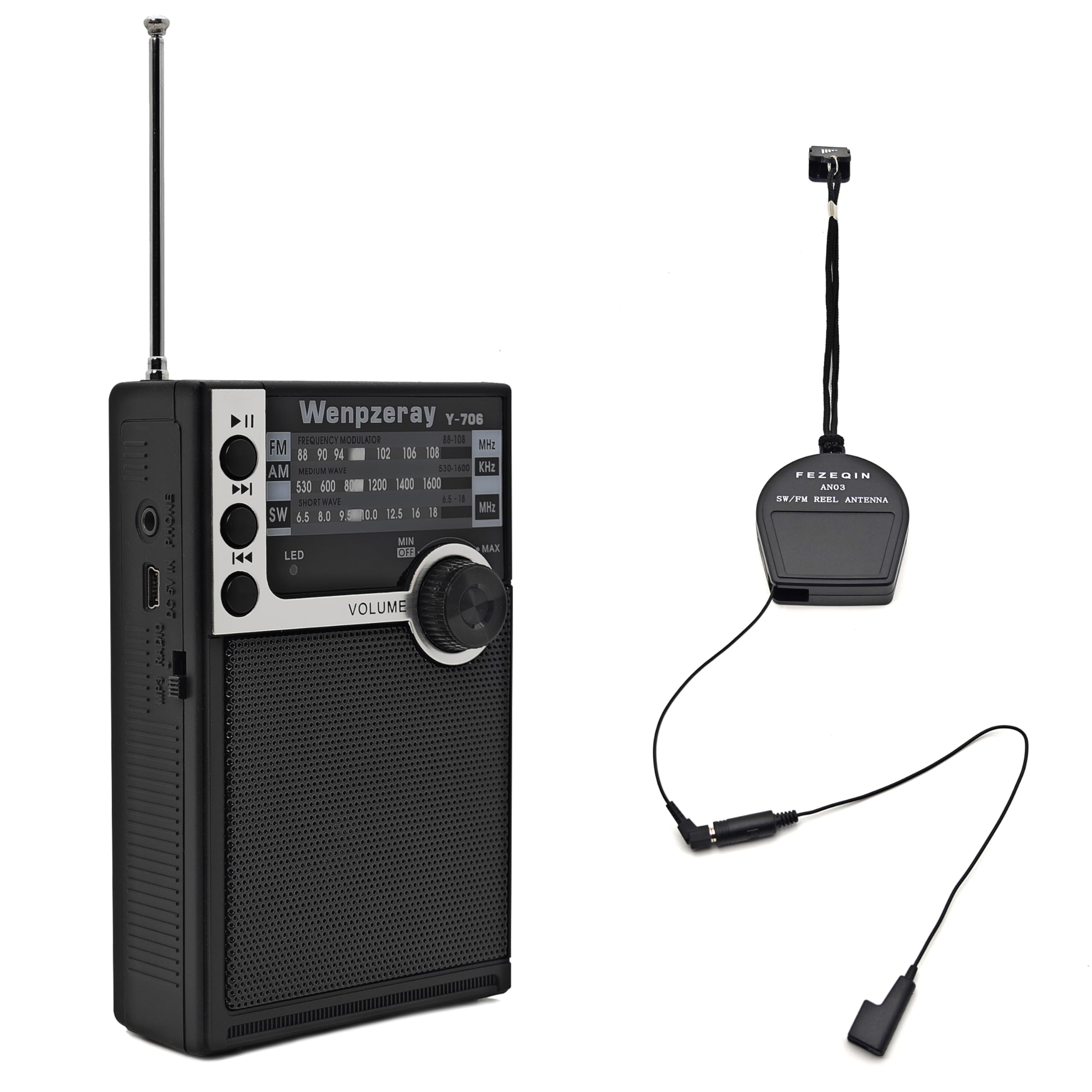 Wenpzeray Y-706 Portable Pocket AM FM SW Band Compact Radio and AN03 Shortwave FM Reel Antenna Telescopic External Antenna Enhance Radio Signal Reception Suit for FM SW Radio Receiver