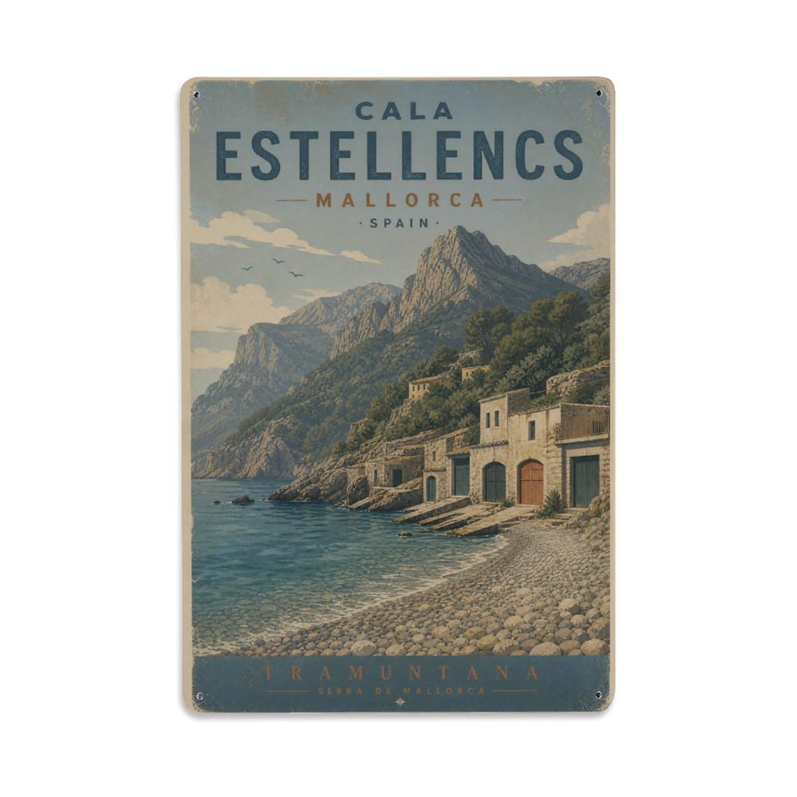 Fyrn Style Metal Tin Sign Vintage Travel Cala Estellencs Mallorca Mountain Beach Cove