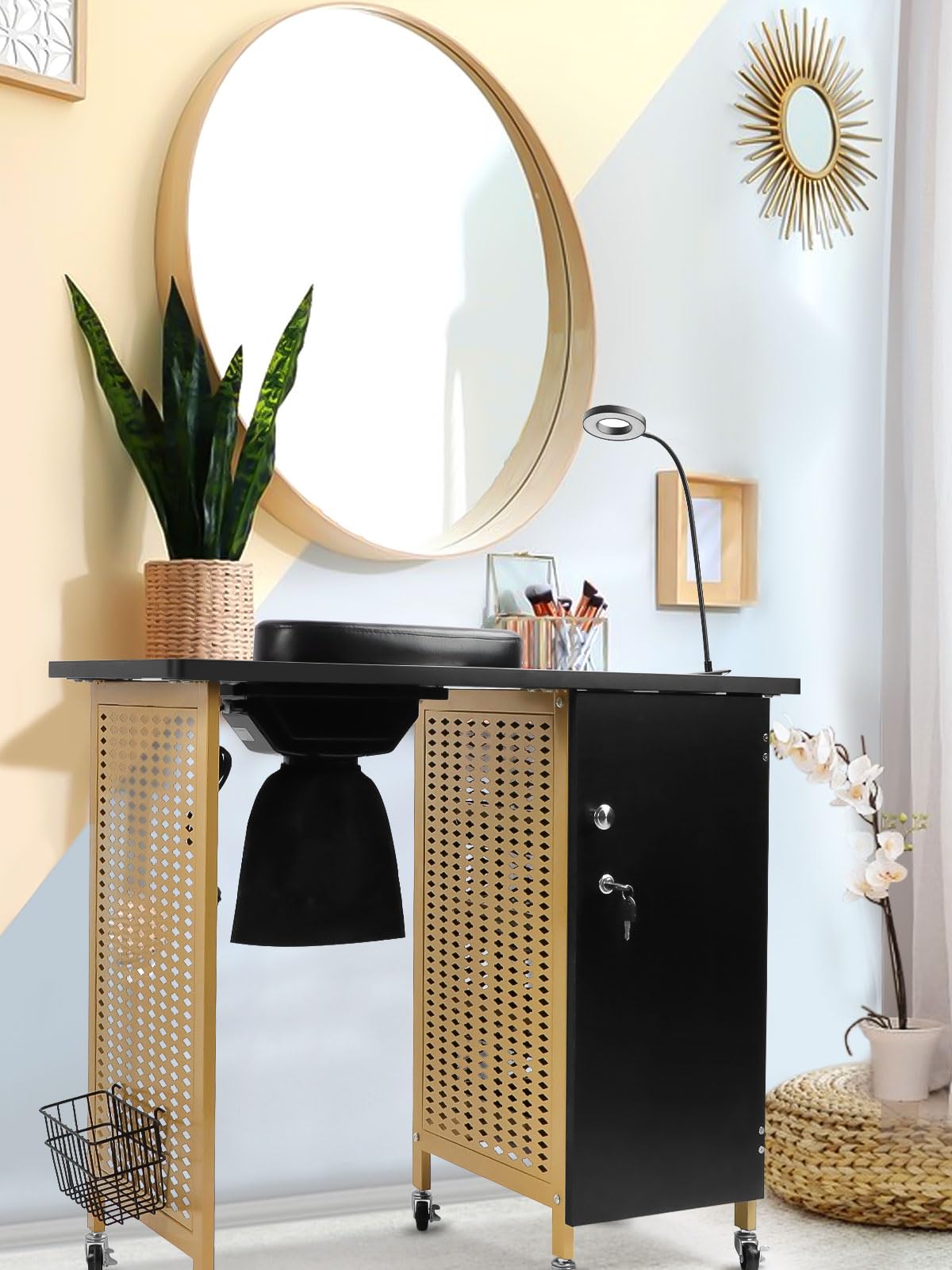 Kalolary Mesa de manicura Profesional Salón Estación de uñas móvil con colector de Polvo de uñas, 4 cajones, reposapiés de muñeca, Manicura de Belleza Estación de salón de SPA (Oro Negro)