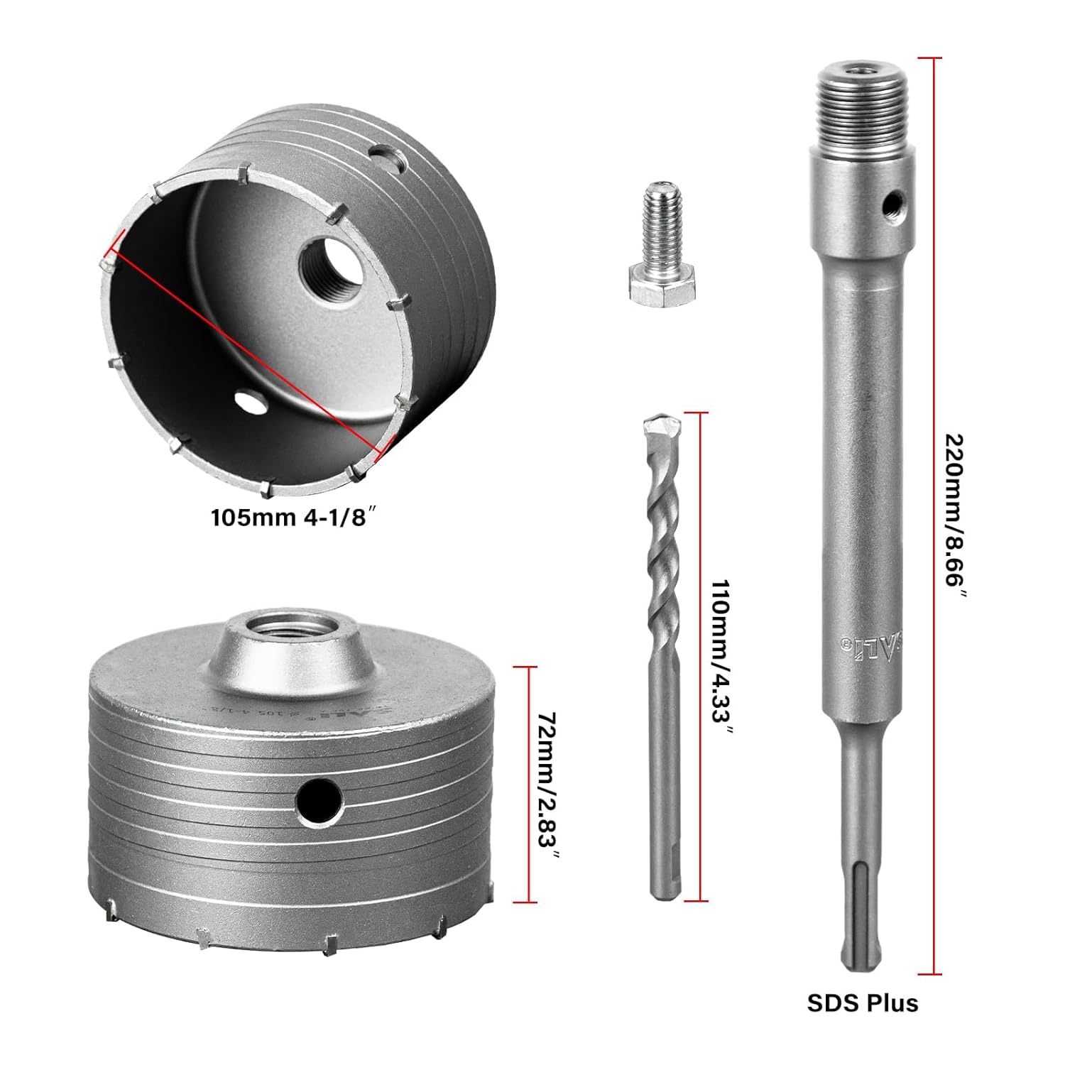 Size 105mm SALI Concrete Hole Saw Kits 4-1/8(105mm) Tungsten Steel Wall Hole Cutter Drill Bit Sets with 220mm SDS Plus Shank Connecting Rod,110mm Center Positioning Drill Bits for Cinder Block,Brick,Adobe Wall