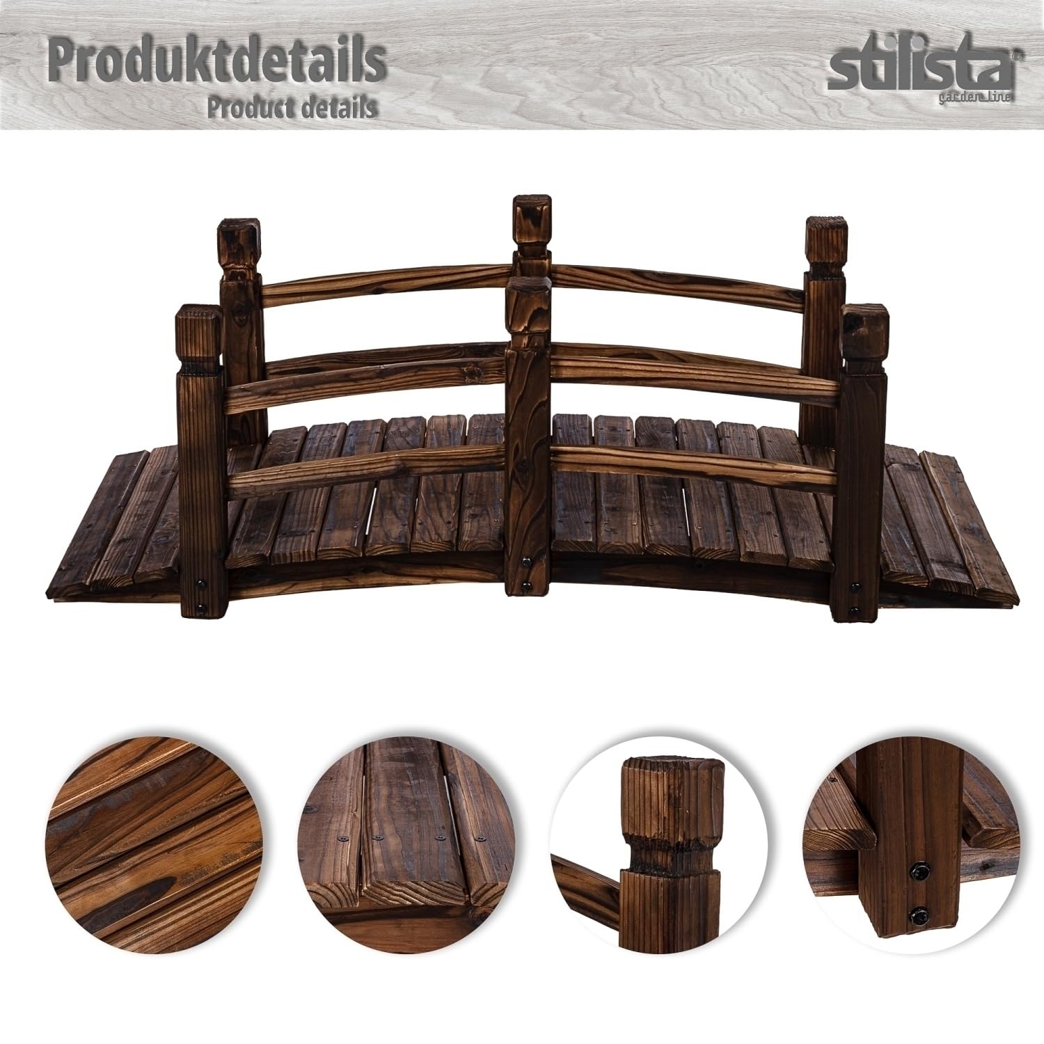 STILISTA Holzbrücke mit Geländer 150 x 65 x 53 cm, geölt, belastbar bis 150 kg, Farbwahl, Dunkel-braun
