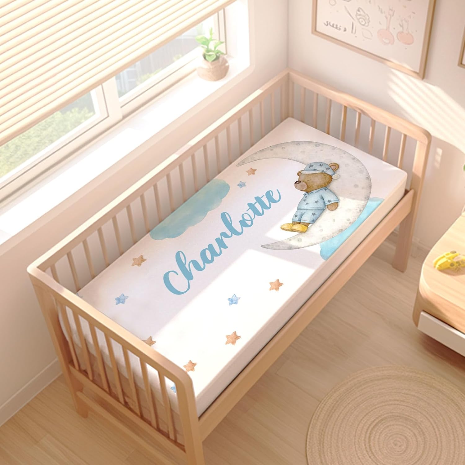 Personalized Sleeping Bear Baby Crib Bedding Set – Custom Name 3-Piece Nursery Set for Girls with Blanket, Fitted Sheet & Pillowcase – Soft Infant & Toddler Bedding, Shower Gift, Nursery Decor