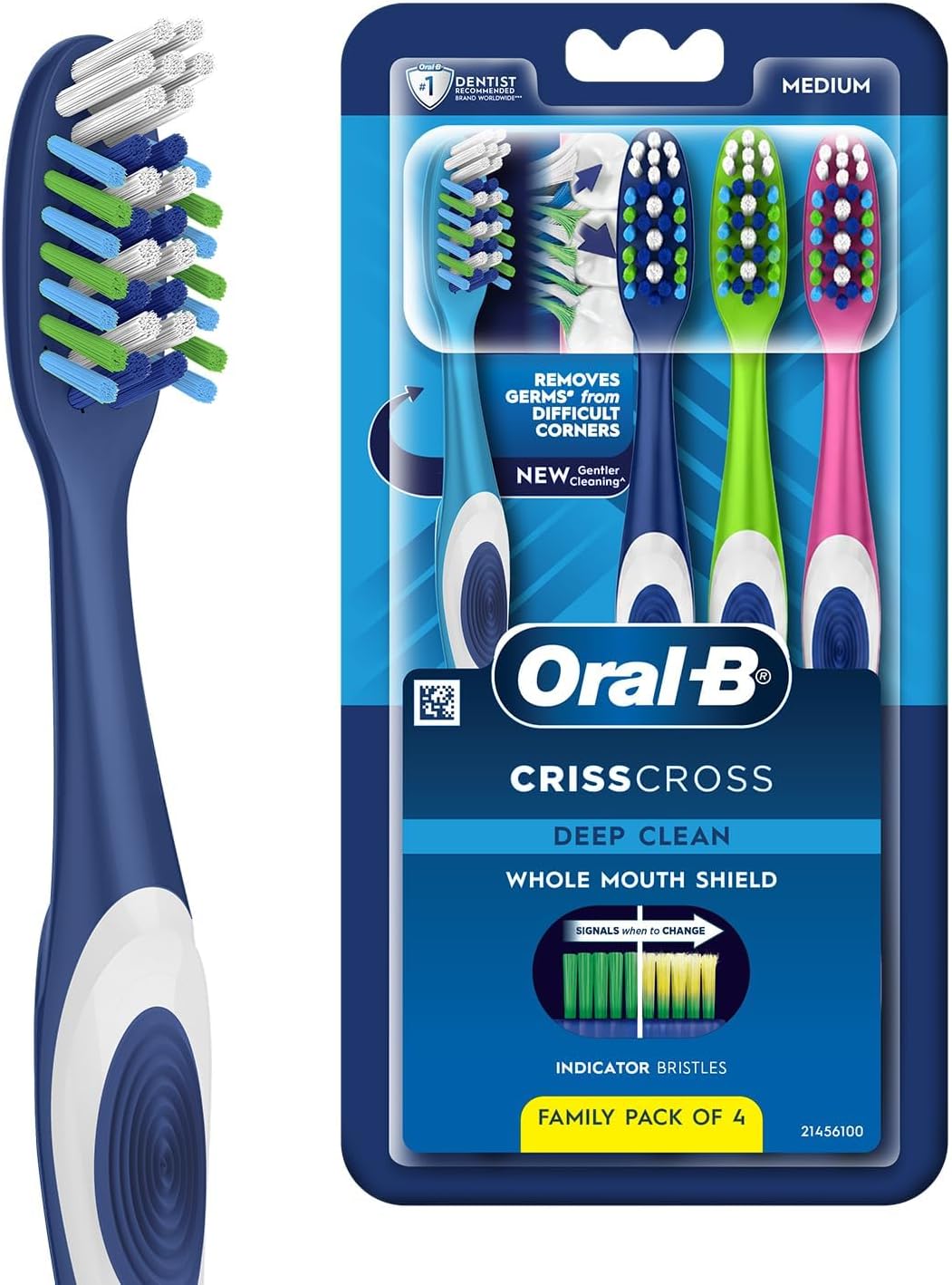 Criss Cross Deep Clean Medium Bristles Manual Toothbrush For Adults,Tongue Cleaner, Multicolour Tooth Brush Set, Oral B Dentist Recommended Brand (Family Pack of 4)