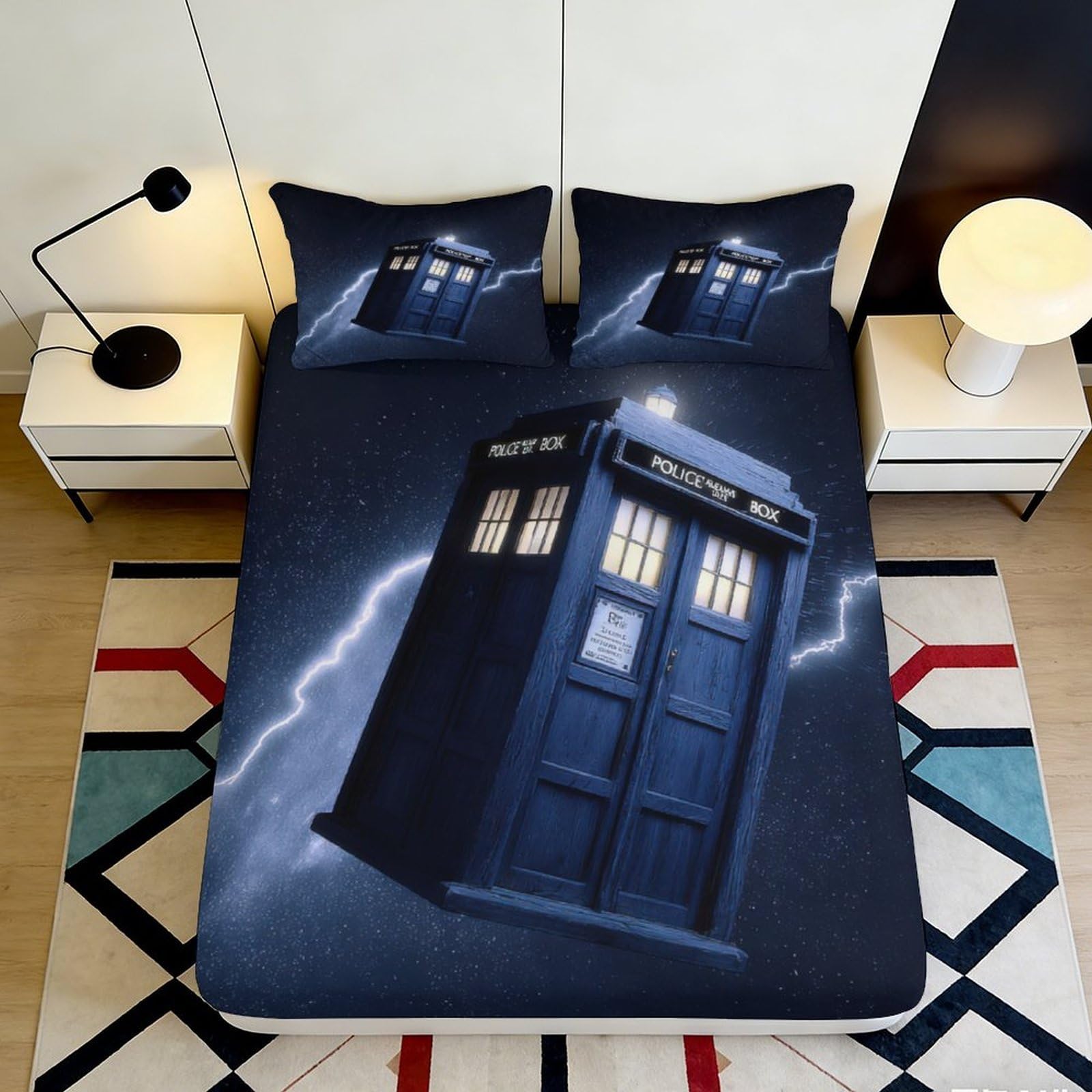 3D Printed Police Box Fitted Sheet Microfiber Soft Lightning Storm Bed Cover for Bedroom Dorm Mattress Protection Decor 180x200x25cm