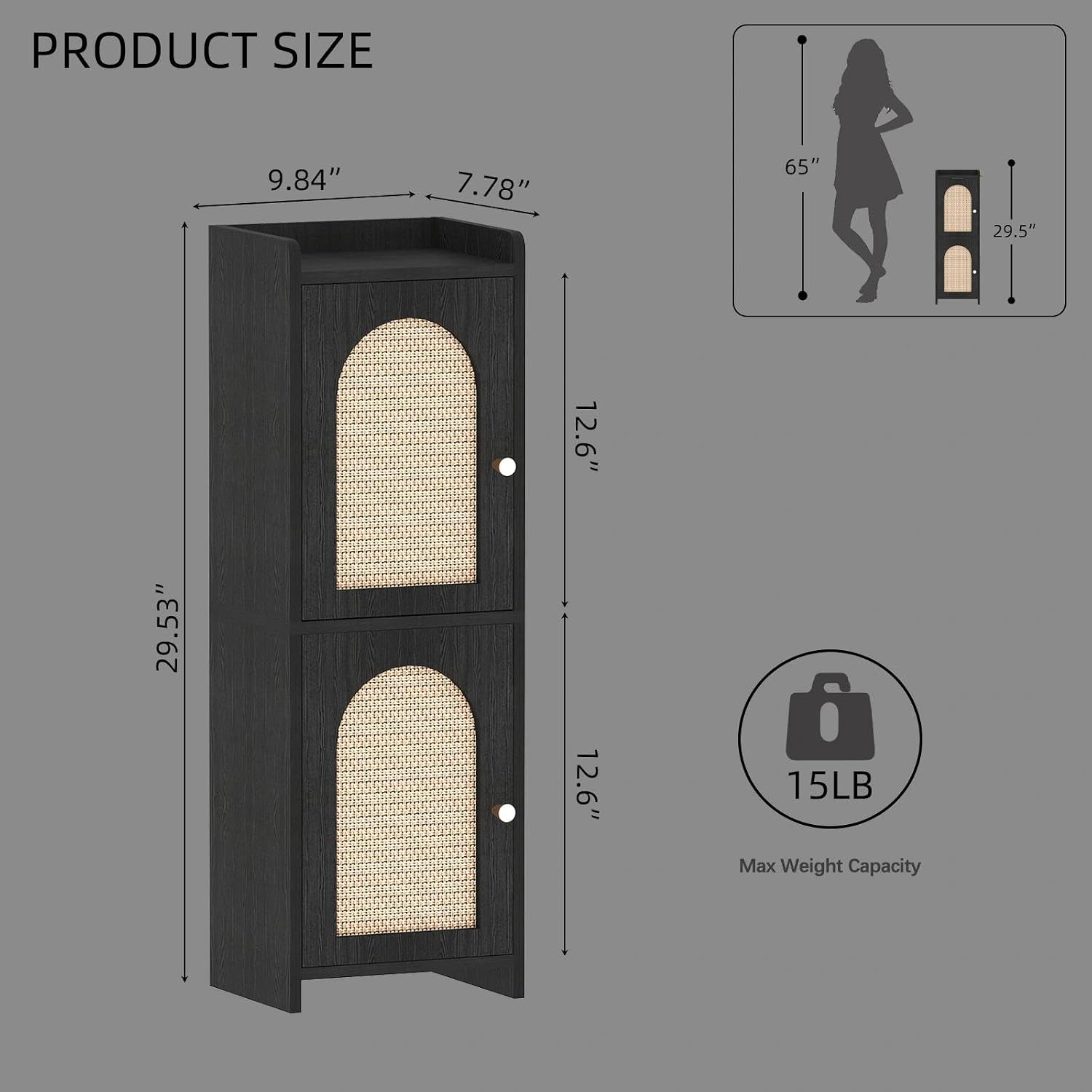 Rattan Bathroom Small Storage Cabinet with 2 Doors & Adjustable Shelf Black image 5