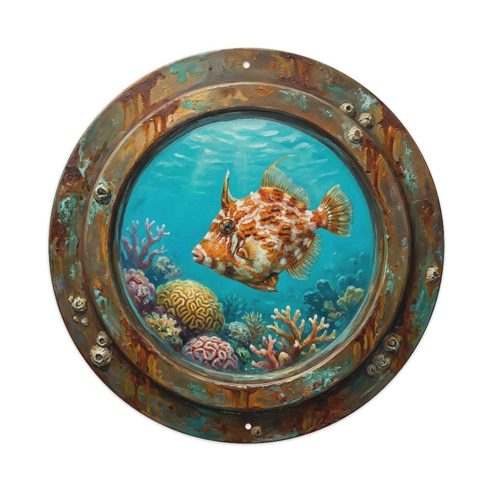 Vintage Porthole Filefish Ship Window Undersea Deep Sea Metal Tin Sign