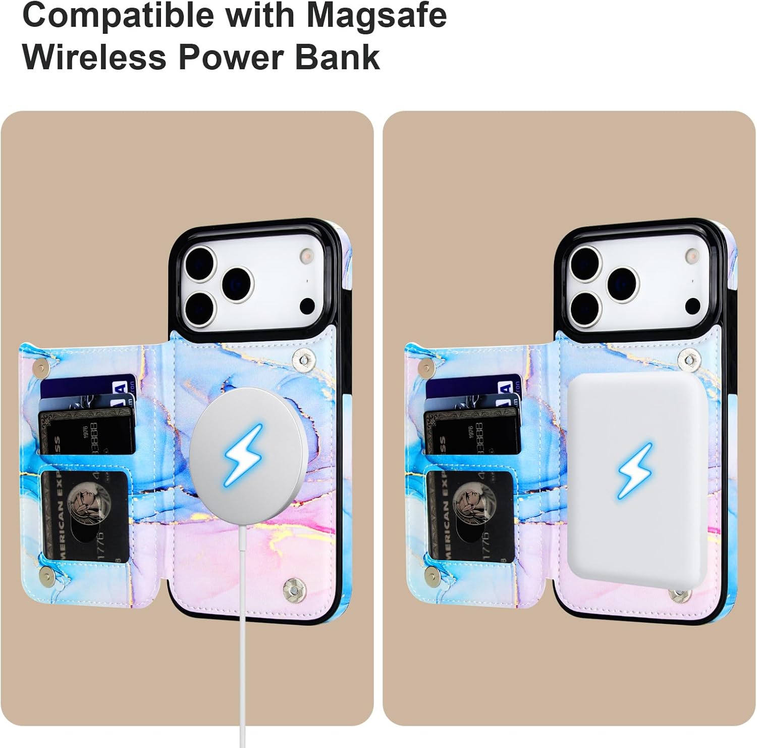 HAOPINSH Wallet Case for iPhone 17 Pro Max,Compatible with MagSafe Wireless Charging, Pink Blue Marble Pattern Back Flip Folio PU Leather Kickstand Card Slots Case Double Magnetic Clasp Cover 6.9"