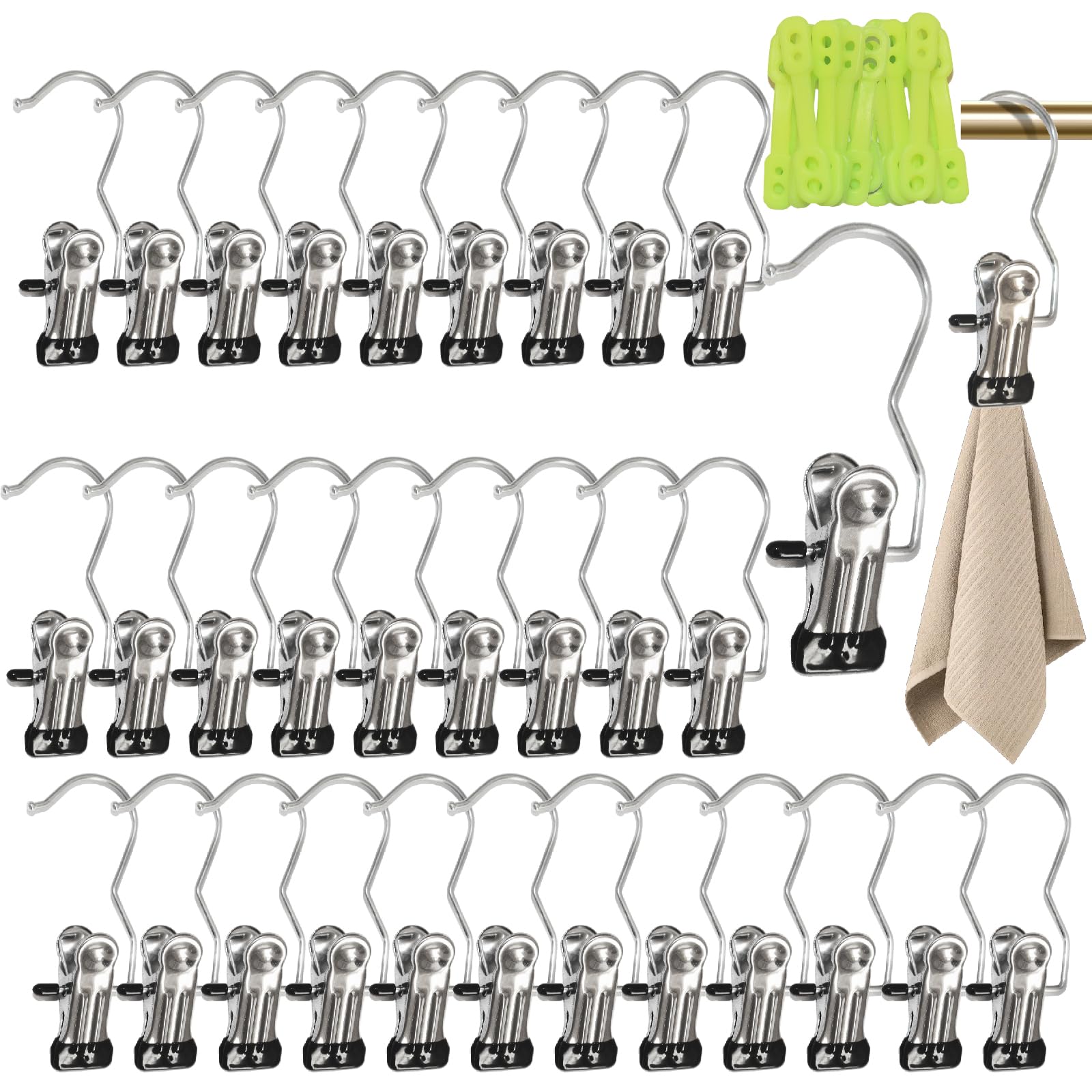 JIUHEEDAMAI 32 Pcs Portable Laundry Hooks, No-slip Metal Boots Hangers, Single 360° Rotatable Hanger Clips, Clothes Pegs with Non-Slip Lock, Clip Hooks Hangers for Home Travel Socks Towels Hat Dolls