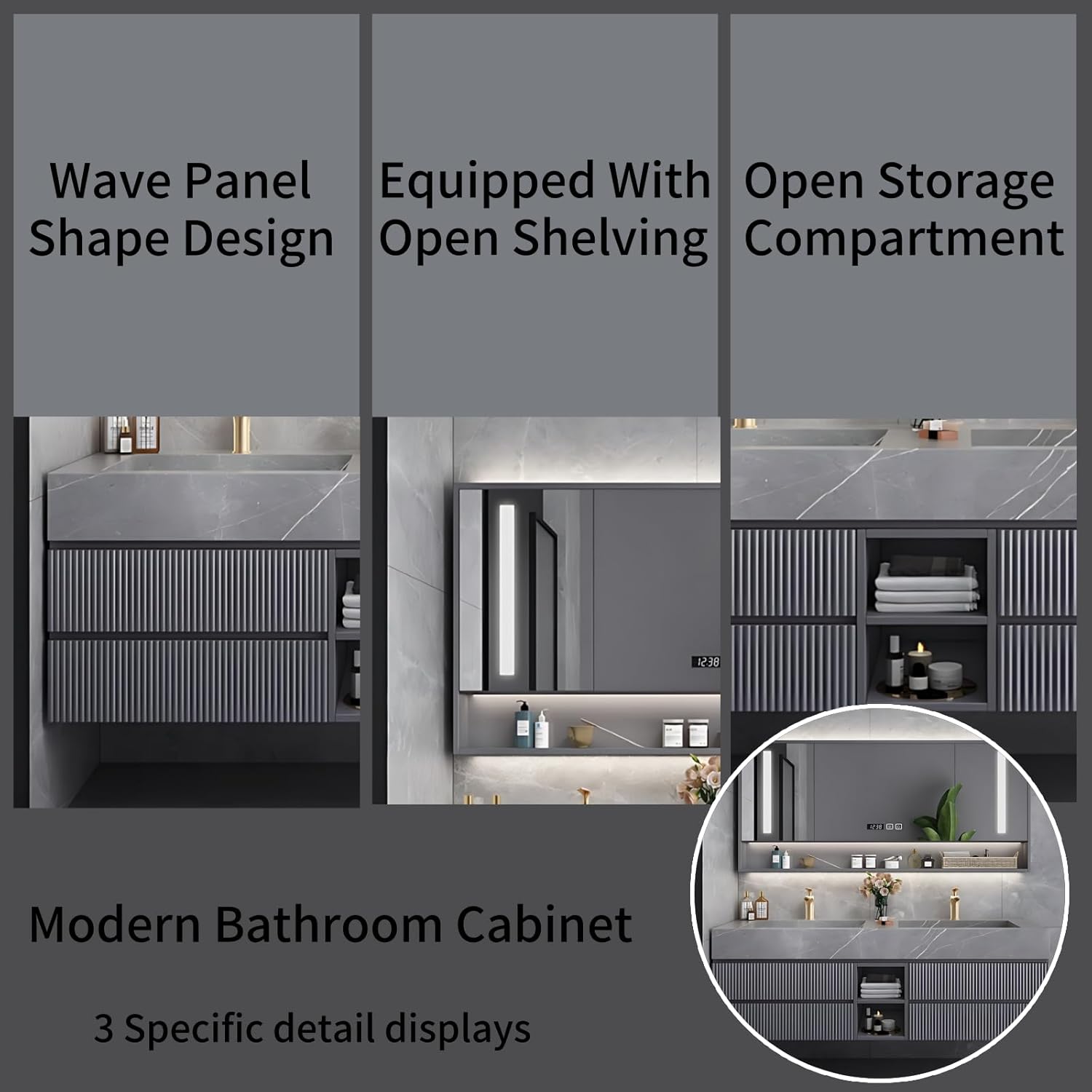76IN Double Sink Bathroom Vanity Set - Wood Bathroom Cabinet with LED Intelligent One-Click Defogging Mirror & Open Shelving | Large-Capacity Storage With 3 Drawers, Bathroom Furniture (Style A)