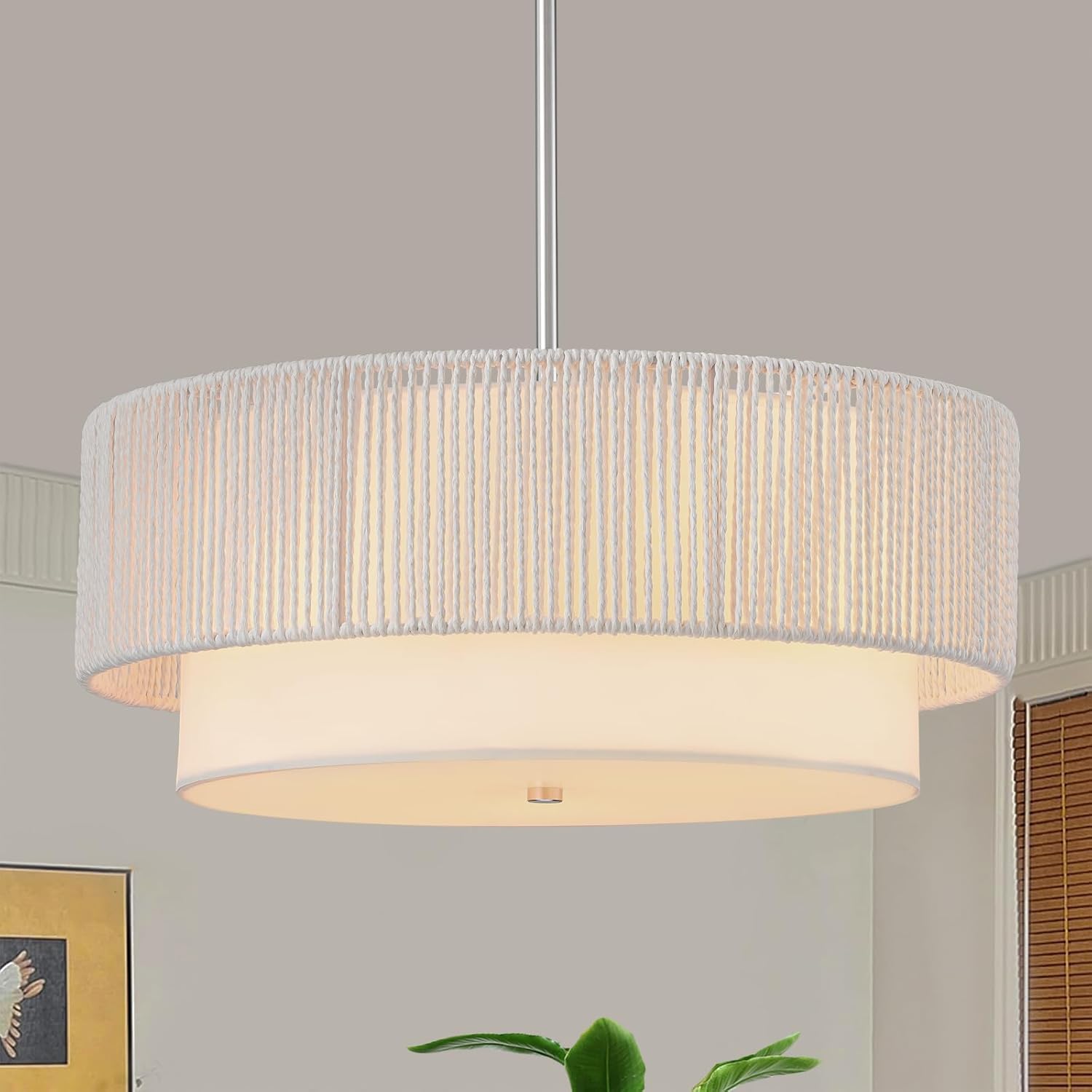 Rattan Farmhouse Chandeliers, Rattan Pendant Light Fixture, Boho Light Fixtures for Bedroom Dining Room Foyer Kitchen Hallway | Fabric Shade | Bulbs Not Included | White