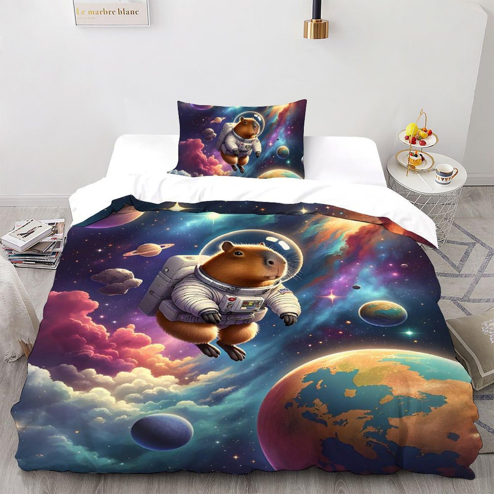 SHOVERKD Astronaut Capybara Adventure Bedding Set Digital Printe Cute Animal Theme Duvet Cover Set 2 Pcs Microfiber Comforter Cover for All Seasons with Pillowcase Single（135x200cm）