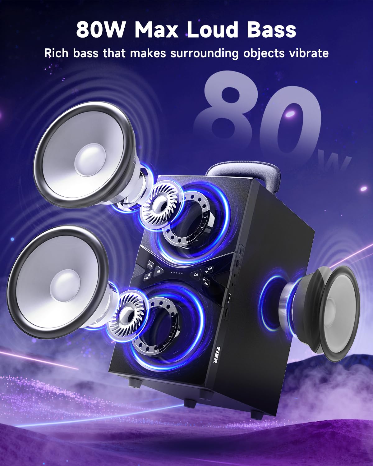 YIER Party Bluetooth Speaker:80W Peak Large Stereo Sound for Outdoor,Deep Bass,TWS,Loud with Lights,Portabe Wireless Big Speakers with Long Playtime,House,Projector,Movie — view 3