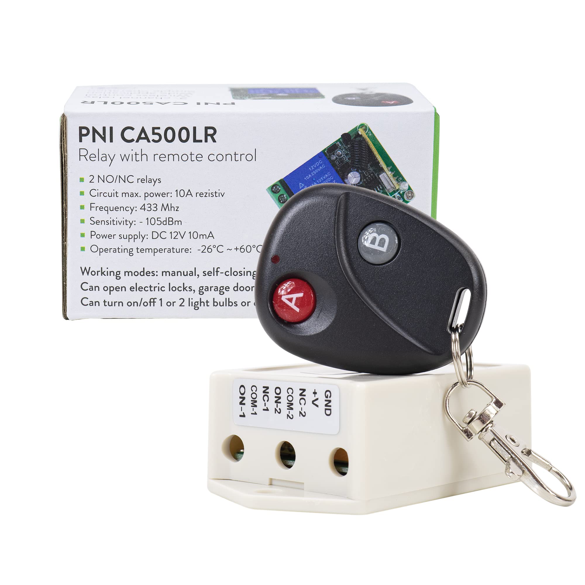Relé con mando a distancia PNI CA500LR para controlar 1 o 2 puertas de garaje, cancelas, barreras, 2 relés, alimentación 12V