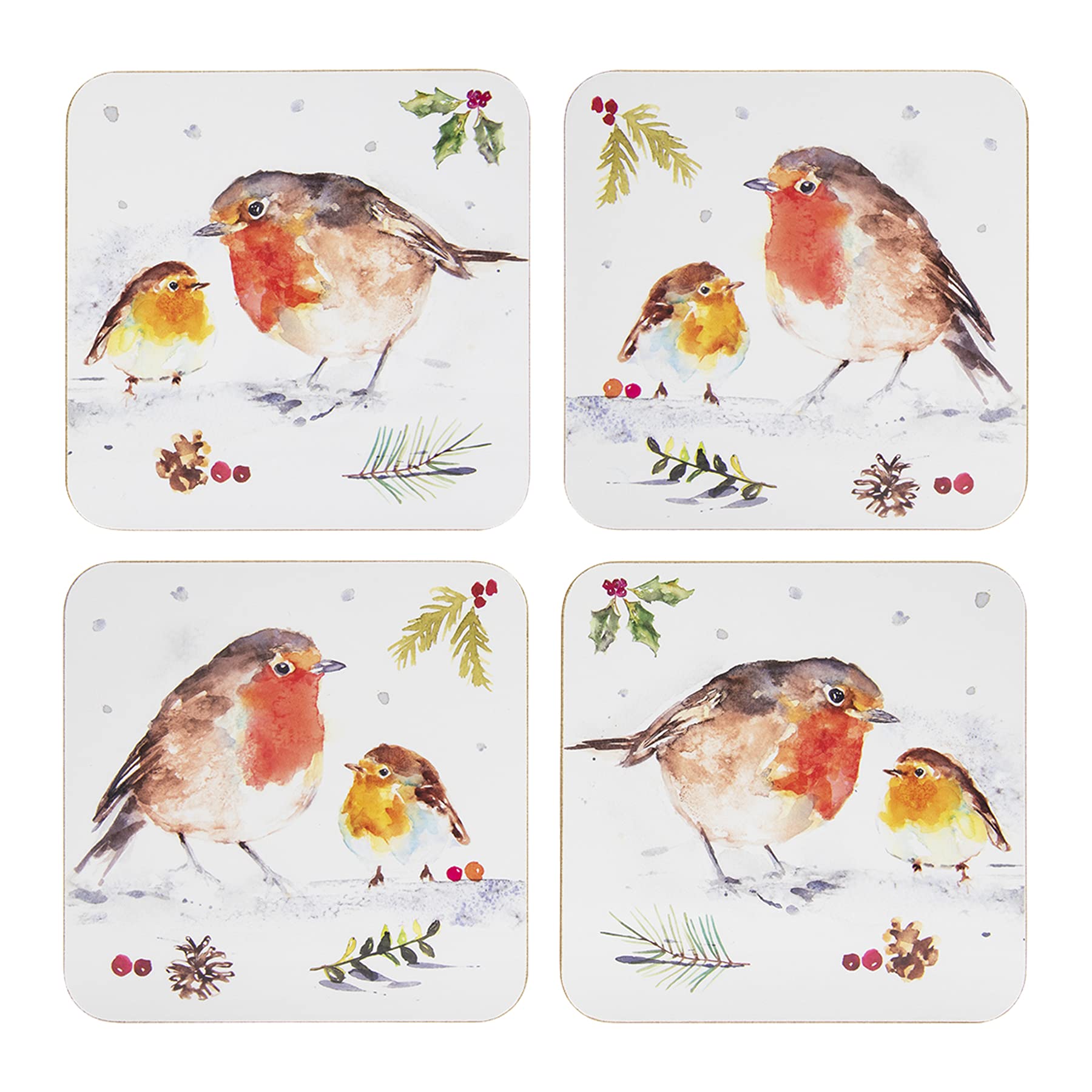 The Leonardo Collection Christmas Tableware - Set Of 4 Coasters - Winter Robins Design