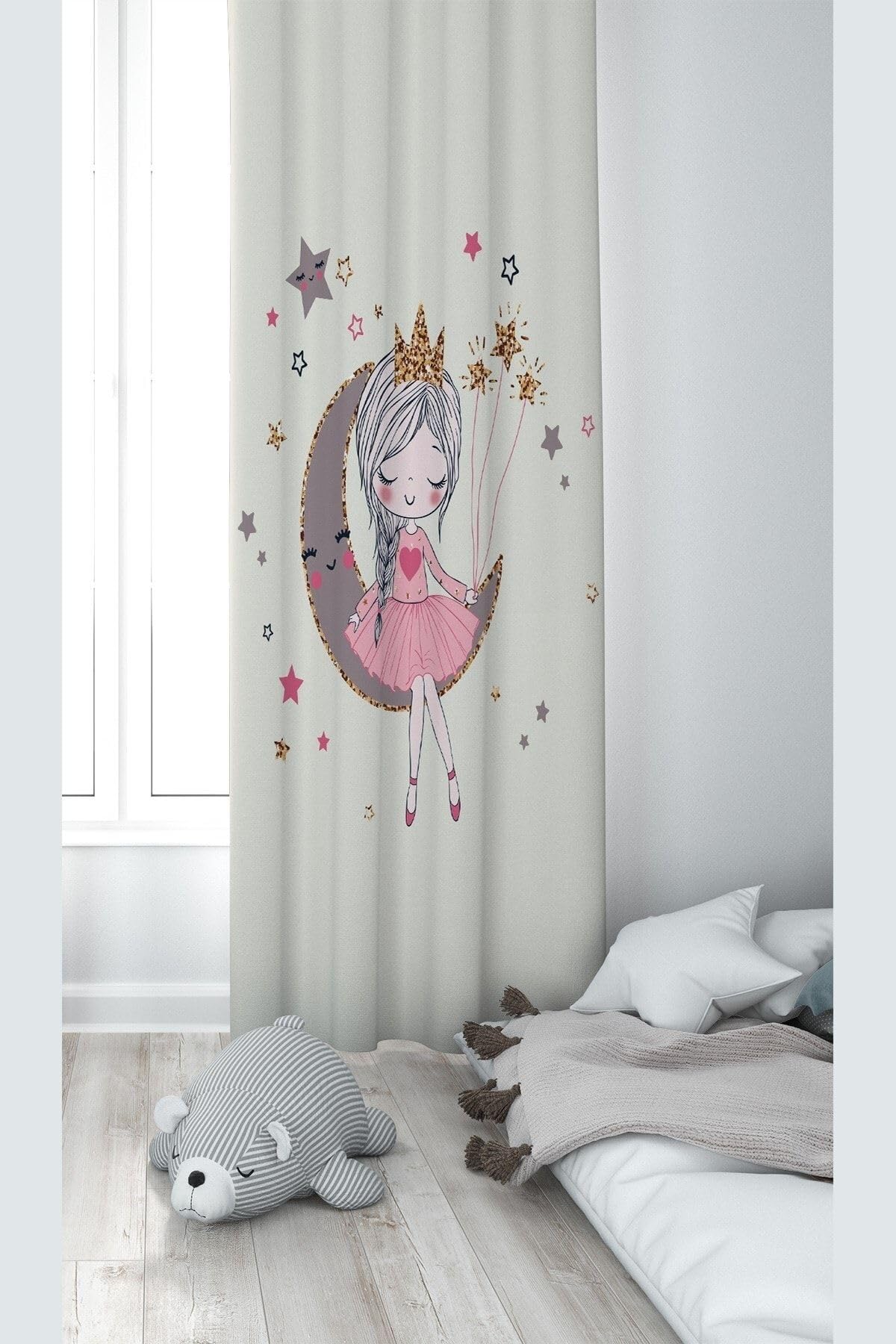 Pelangi Prensen Ay Ve Yıldız Desenli Dijital Baskı Yıkanabilir Bebek Çocuk Odası Fon Perdesi, karışık renkli 140 x 270
