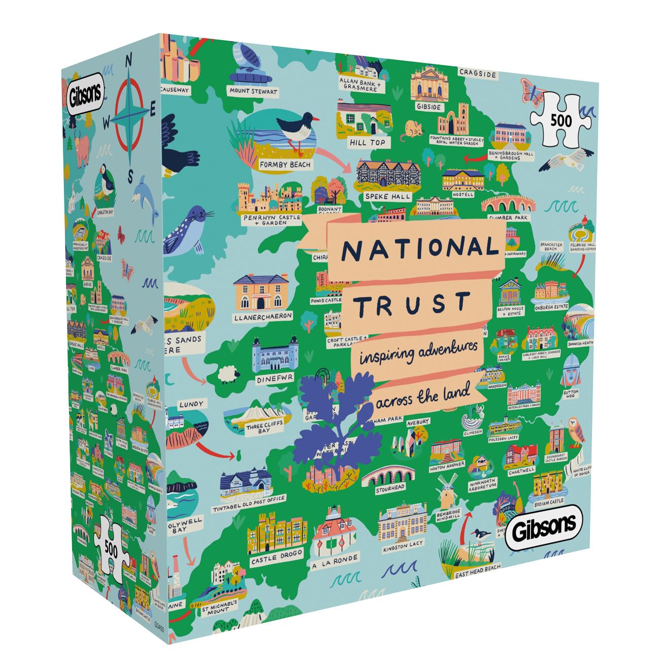 Gibsons National Trust Across the Land 500 Piece Jigsaw Puzzle for Adults – Colourful Educational Illustrated Map Adventure Artwork by Lauren Radley – Premium Sustainable Puzzle Made in UK/EU