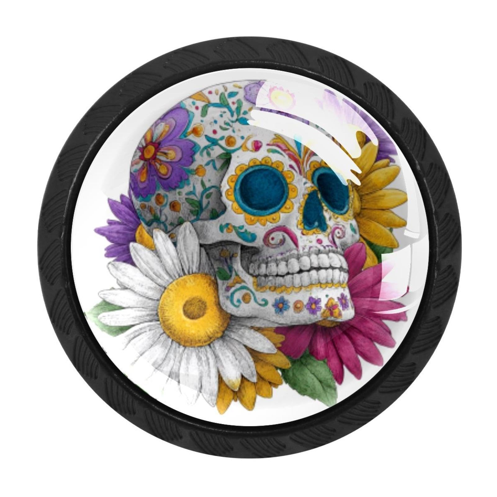 CHENZZZZ Sugar Skull Daisy (3) Drawer Knobs Pull Handles 4 Pcs Glass Cabinet Drawer Pulls for Home Kitchen Office Cabinet Cupboard