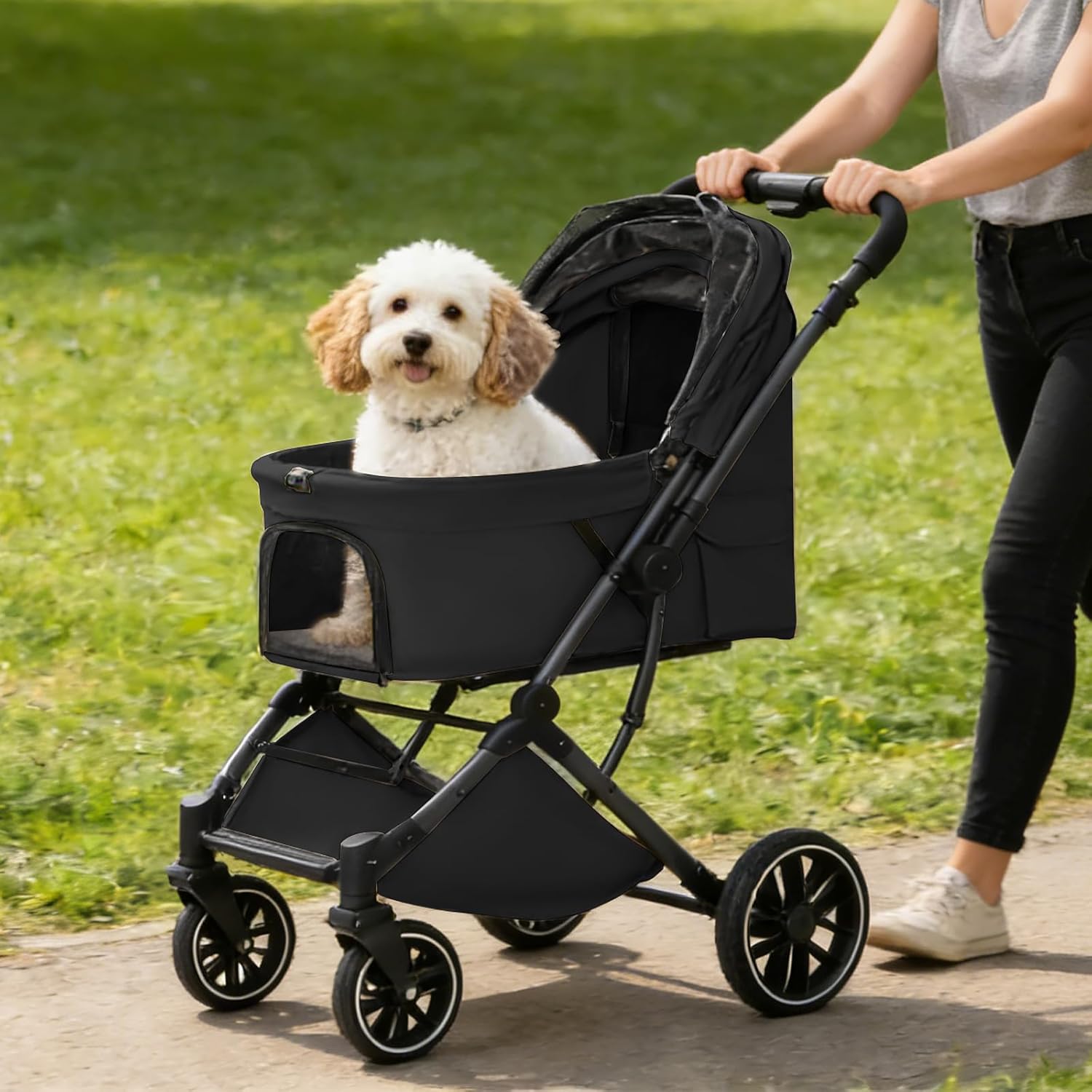 Small Dog Stroller, Pet Stroller for Small Dogs up to 55lbs- Fold All in One Without Detaching Carrier, Cat Stroller with Reversible Handle,Cup Holder (Black)