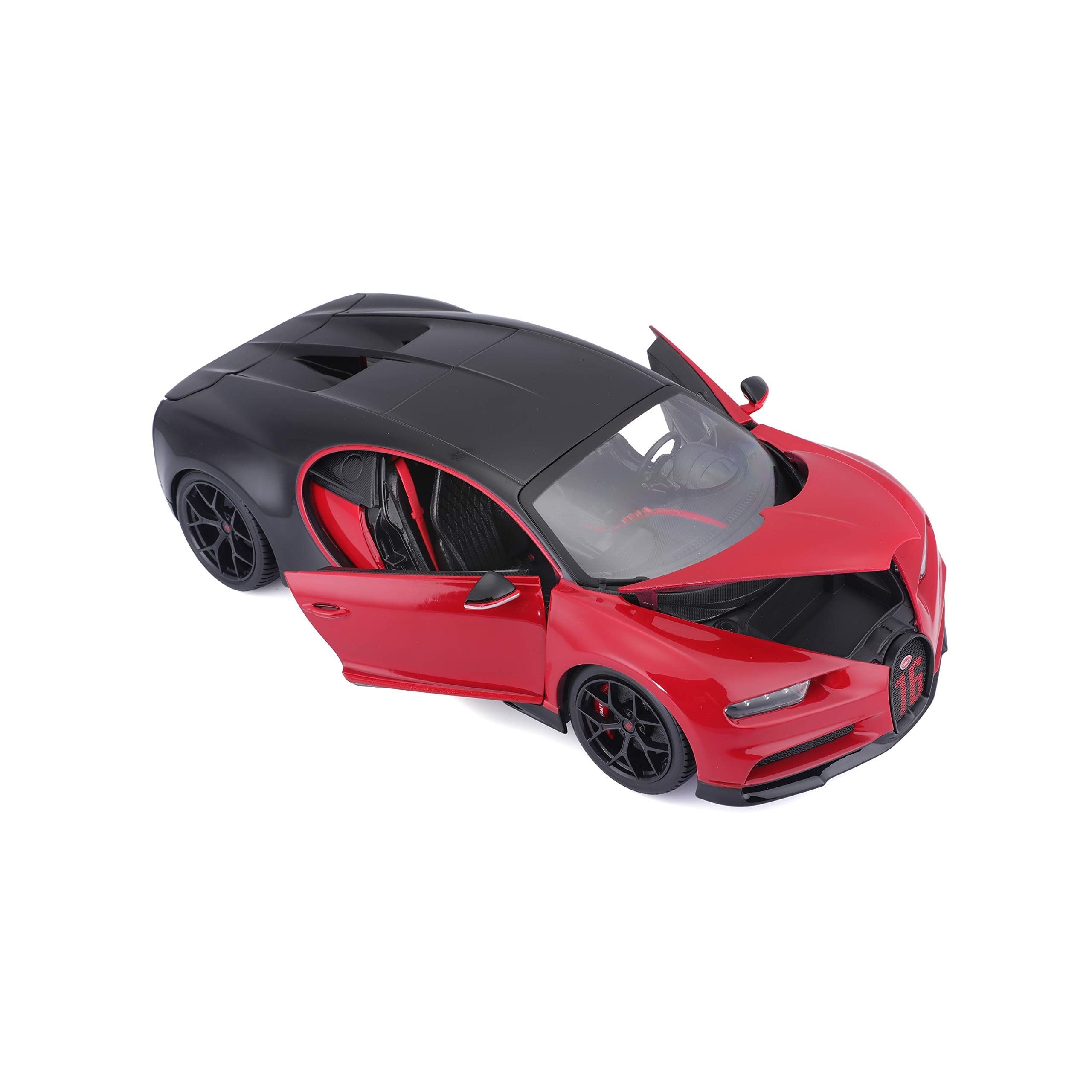 Bburago Bugatti Chiron Sport: Modellauto im Maßstab 1:18, Türen und Motorhaube zum Öffnen, lenkbar, 26 cm, schwarz/rot (18-11044R)