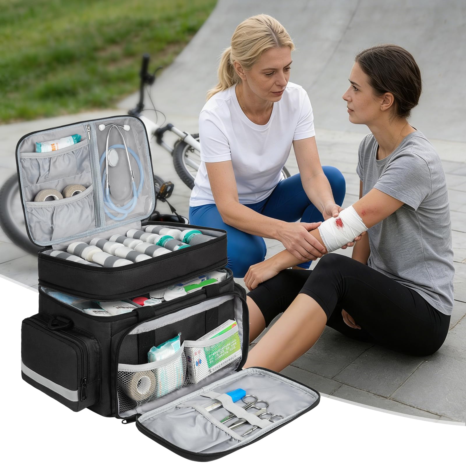 Bolsa grande de primeros auxilios con doble capa, cremalleras bloqueables y correa para el hombro, organizador médico impermeable con separadores extraíbles para suministros de emergencia