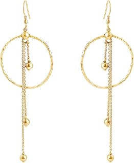 PHNX Long Chain Earrings, Silver Threader Earrings, Big Hoop Dangle Earrings, Hammered Hanging Earrings (Gold)