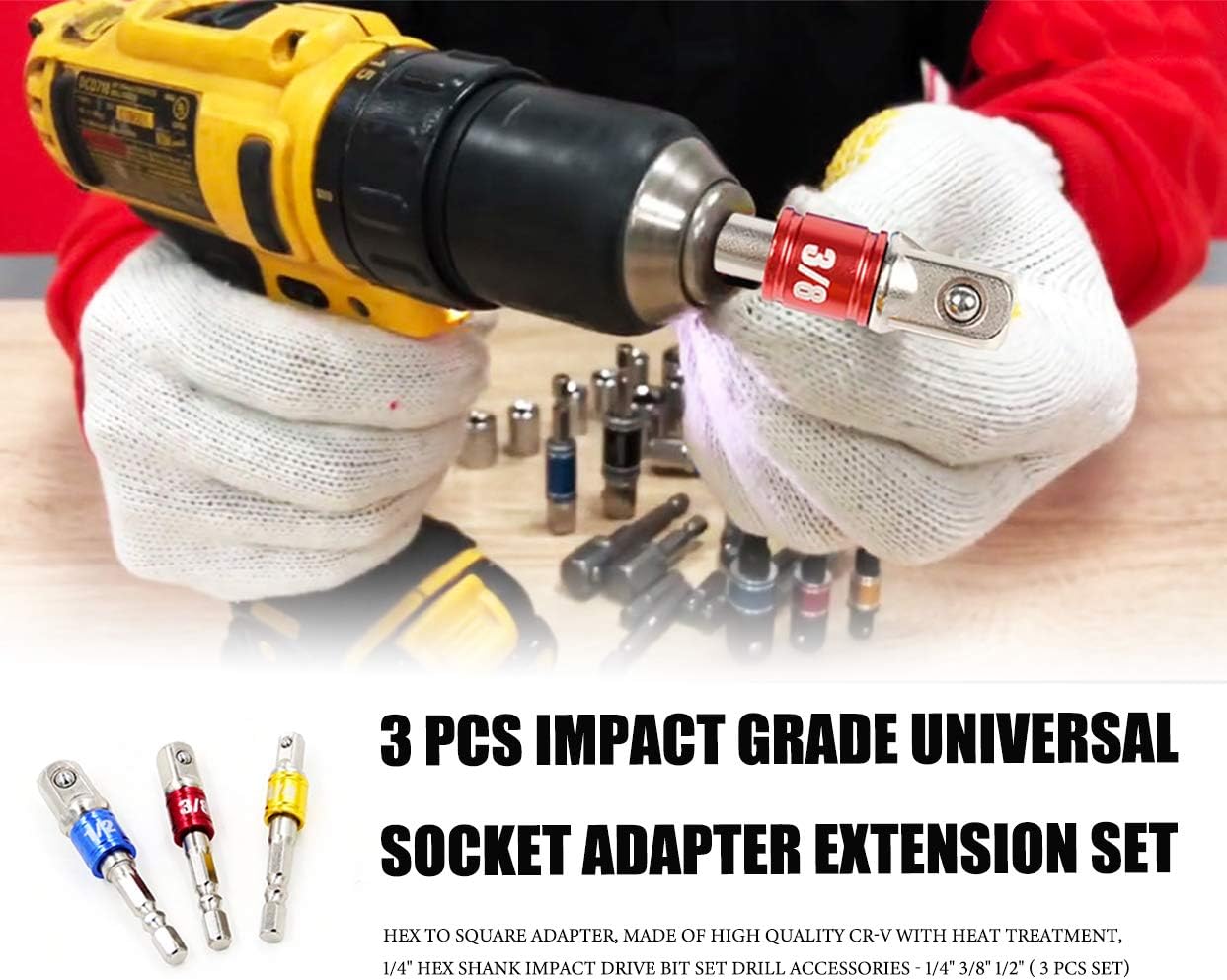 Impact Grade Socket Adapter Set, Impact Driver Bit Set Socket Adapter Drill Bit Extension Set, 3 PCS 1/4" 3/8" 1/2" Hex Shank Drill Tool Accessories-Silver