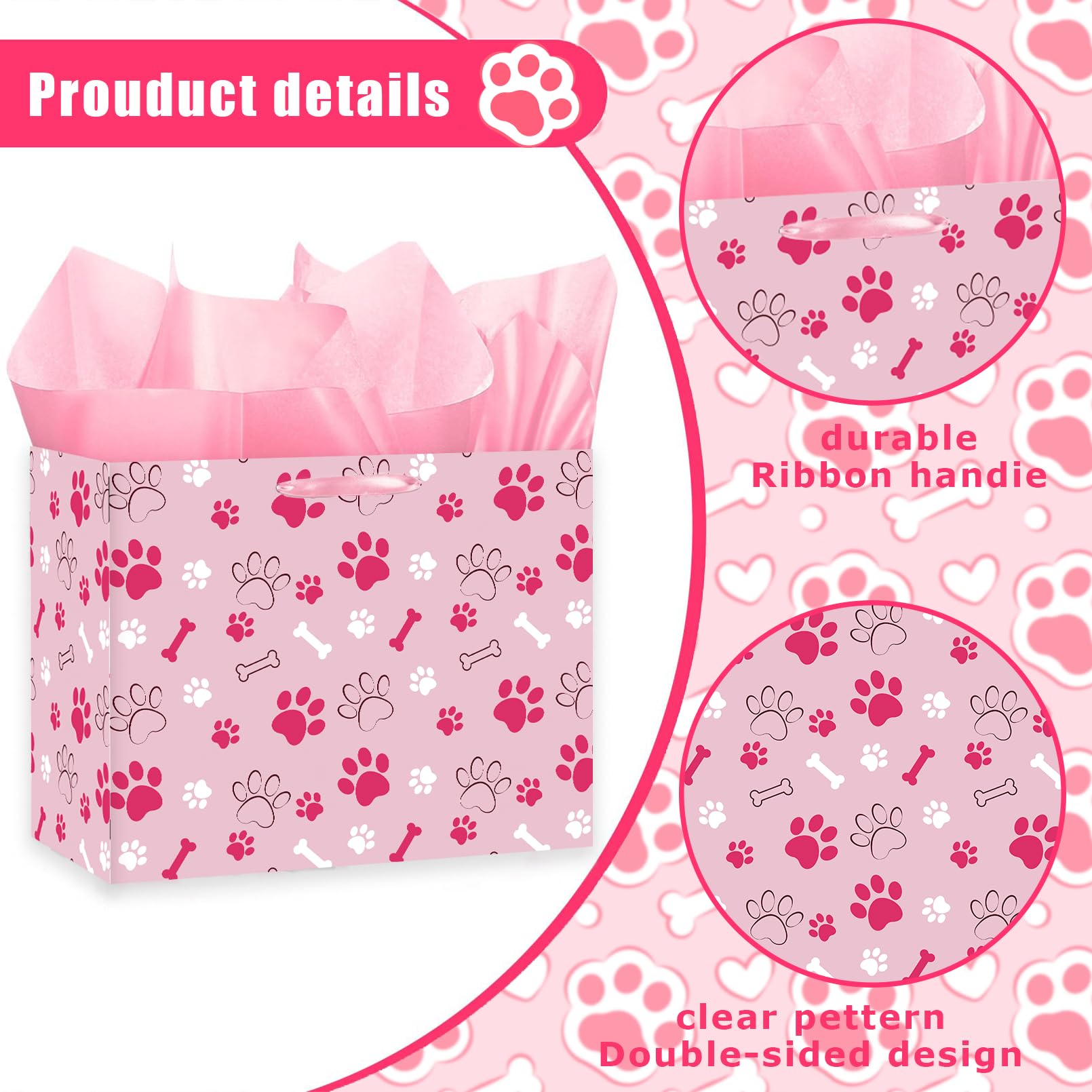 Pink Dog Paw Print Gift Bag Large Dog Birthday Gift Bag Paw Print Wrapping paper with Tissue Paper and & Card for Girl Boy Young Puppy Party Decorations Pet Themed Celebrations Birthday Party