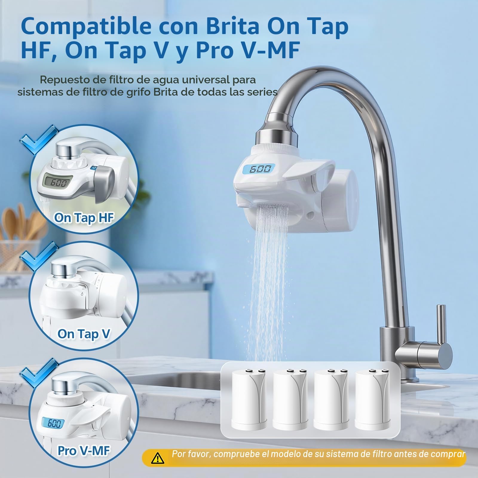 Lote de 4 cartuchos filtrantes para grifo Brita On Tap HF/V/V-MF 600 l, filtro de agua para cartucho filtrante Brita On Tap V