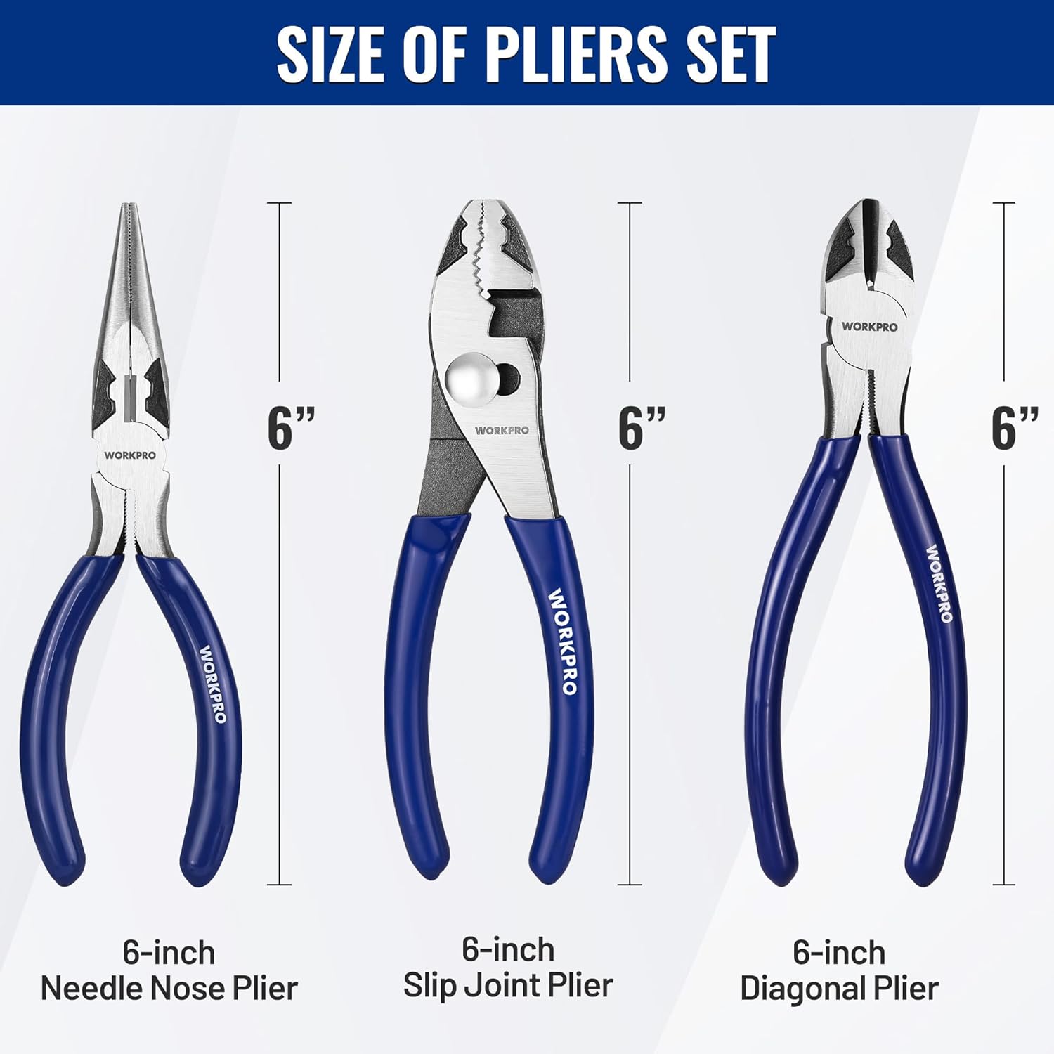 WORKPRO Pliers Set, 3-Piece Professional Pliers Tool Kit – 6" Needle Nose Plier, 6" Slip Joint Plier & 6" Diagonal Plier, Soft Grip Handles for Home DIY & Electrical Work