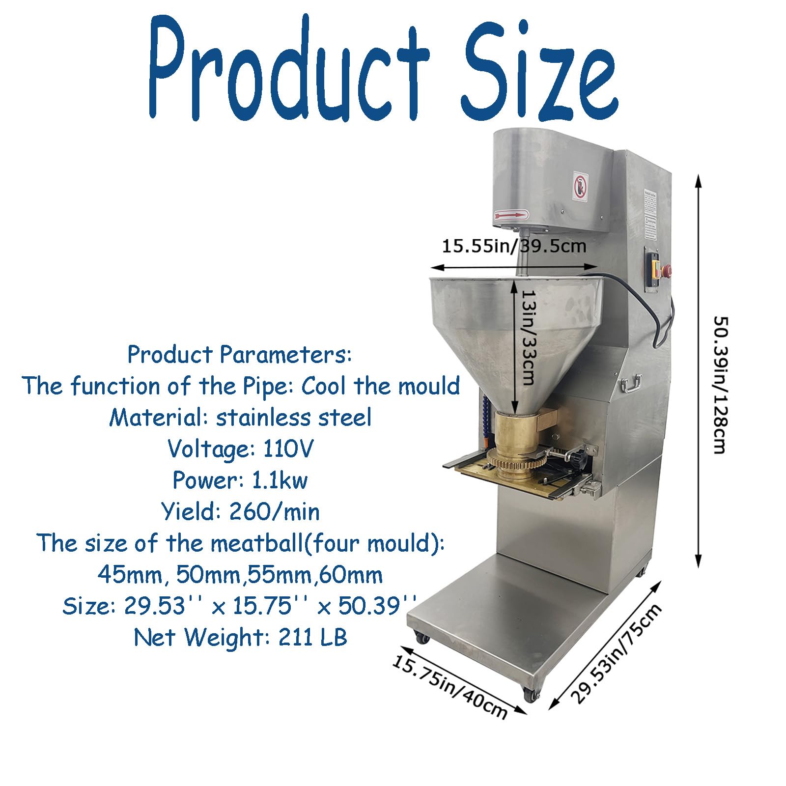 Banfluxion 110V 1.1KW Electric Automatic Meatball Maker Vertical Meatball Forming Machine Commercial Stainless Steel Meatball Processing Former with Four Dies 45/50/55/60mm