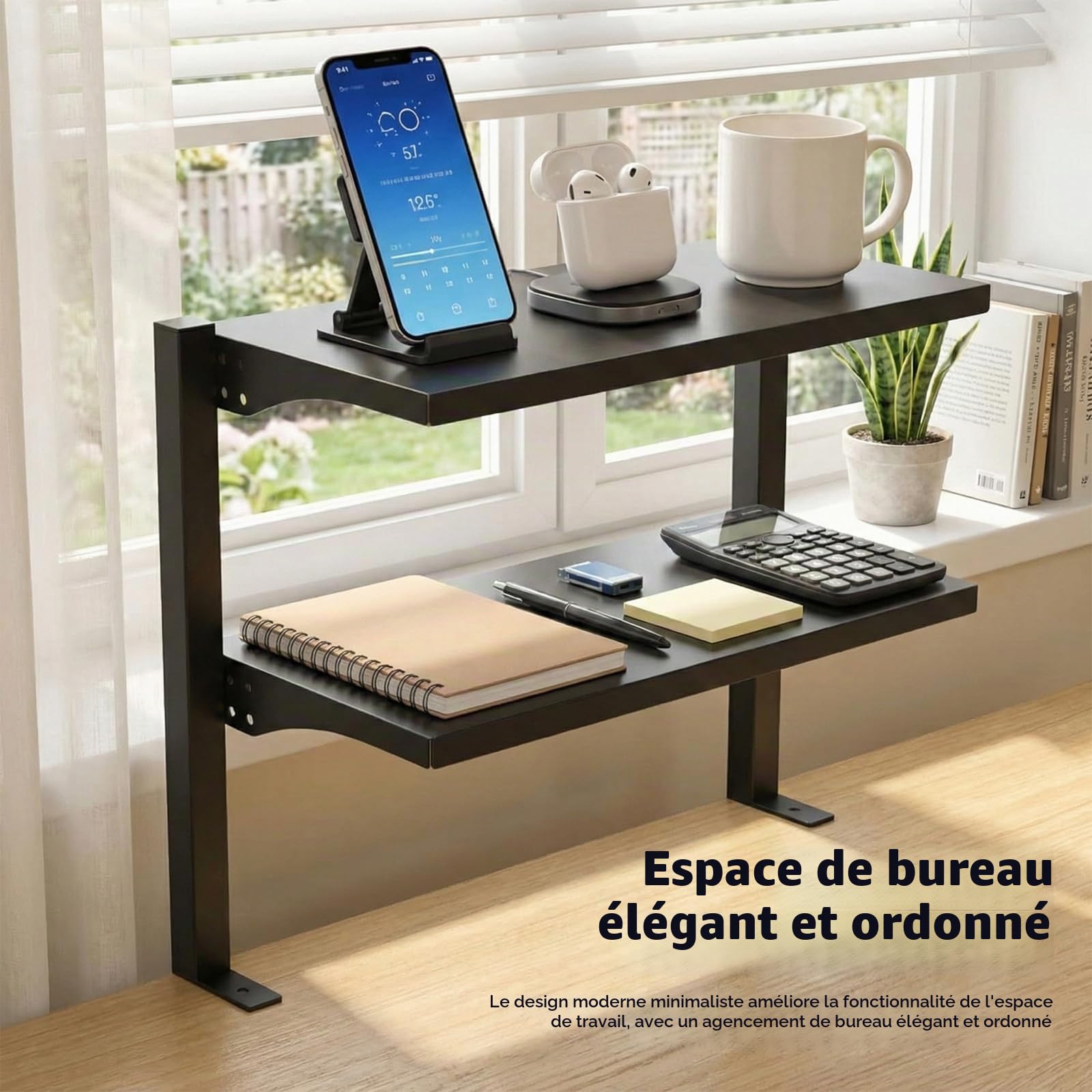 Organisateur de Bureau à Pince de 16 Pouces, Étagère de Table à 2 Niveaux Au-Dessus ou en Dessous pour Les Accessoires de Bureau, etc, Etagere Cuisine, Noir
