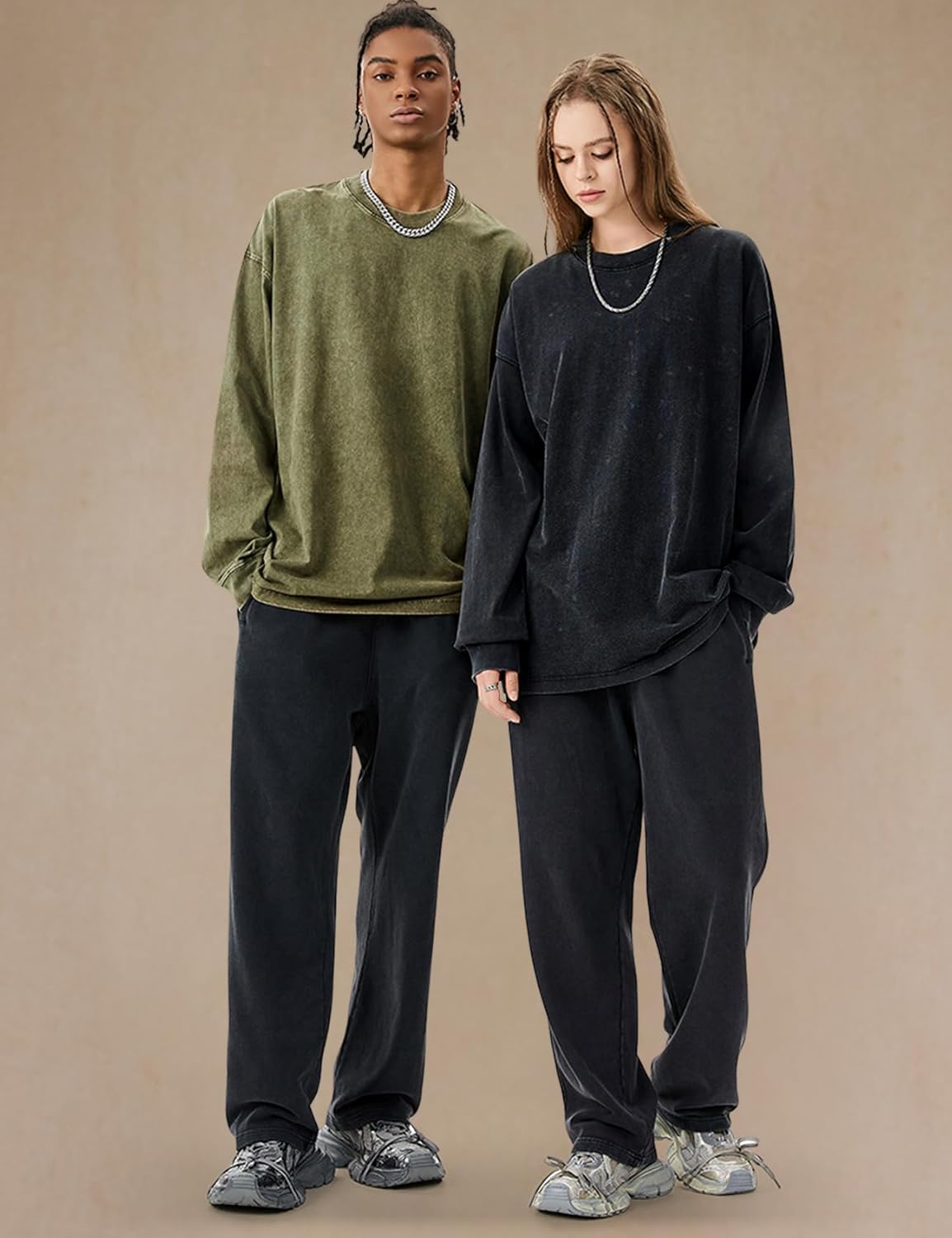 Yimoon Oversized Tshirts for Men Cotton Long Sleeve Shirts Vintage Acid Wash Baggy Tees Casual Crewneck T-Shirt - Image 6