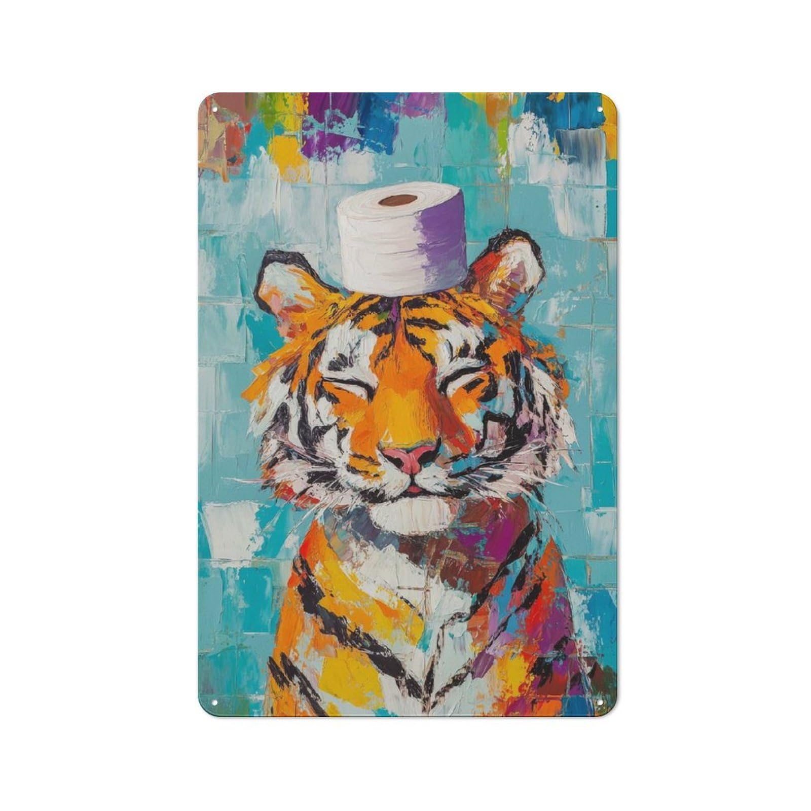 Junmoney Tiger With Toilet Paper Hat Metal Wall Sign 30X20cm, Retro Decor For Hallway Wall, For Wall Display Collectors