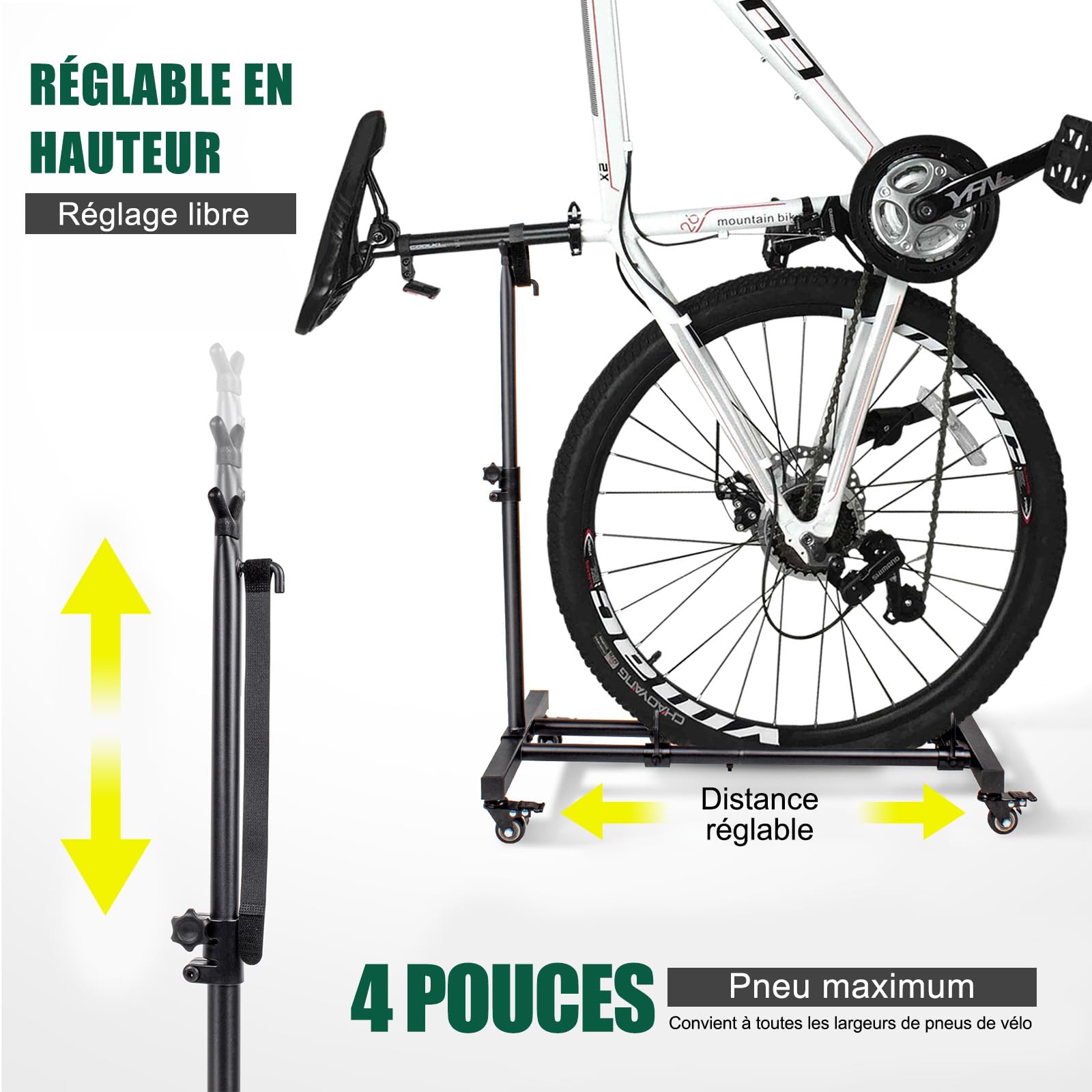 Mimoke Support vertical pour vélo - Support de sol pour vélo avec roues verrouillables, hauteur réglable, pour tous les types de vélos jusqu'à 4 pouces de largeur de pneu,