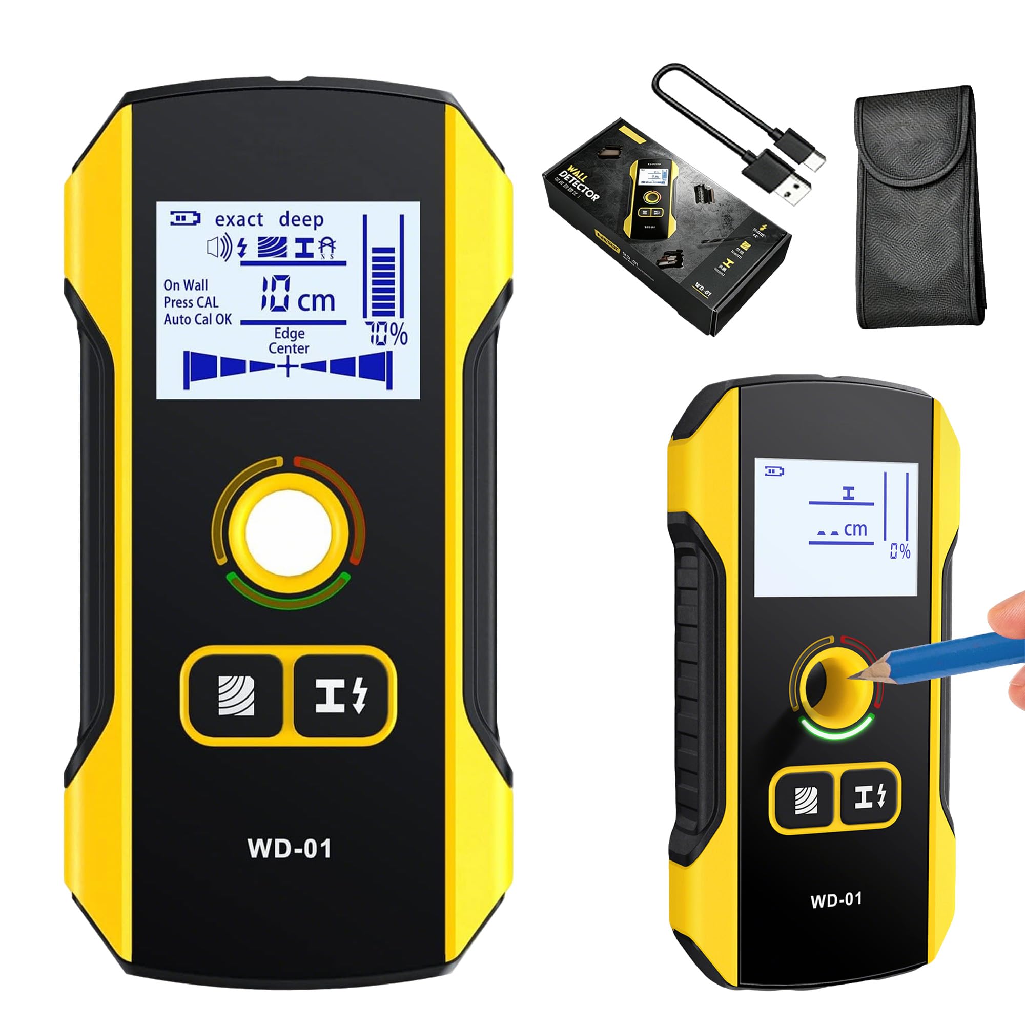 WD-01 Detector de Pared 6 en 1, Detector Cables y Tuberias con Orificio de Posicionamiento, Escáner de Pared para el Centro y el Borde de Madera, Cables de CA, Metal, Montantes, Vigas, Tuberías
