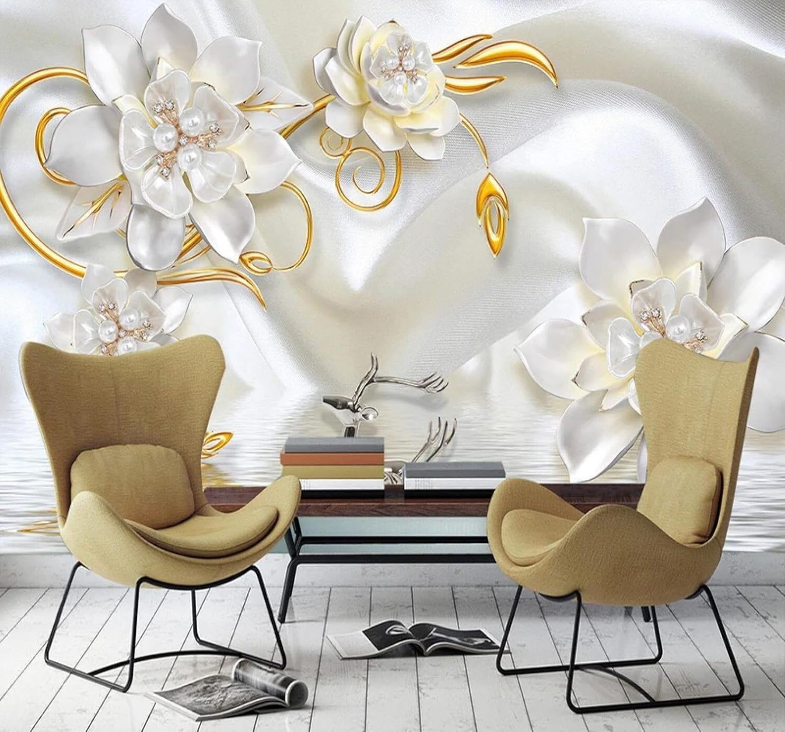 Tzxztt Luxury Relief Fawn White Pearls Flowers Modern 3D Wallpaper Premium Textured Silk Neutral Tones Material Ideal for Living Room Bedroom-430cm×300cm