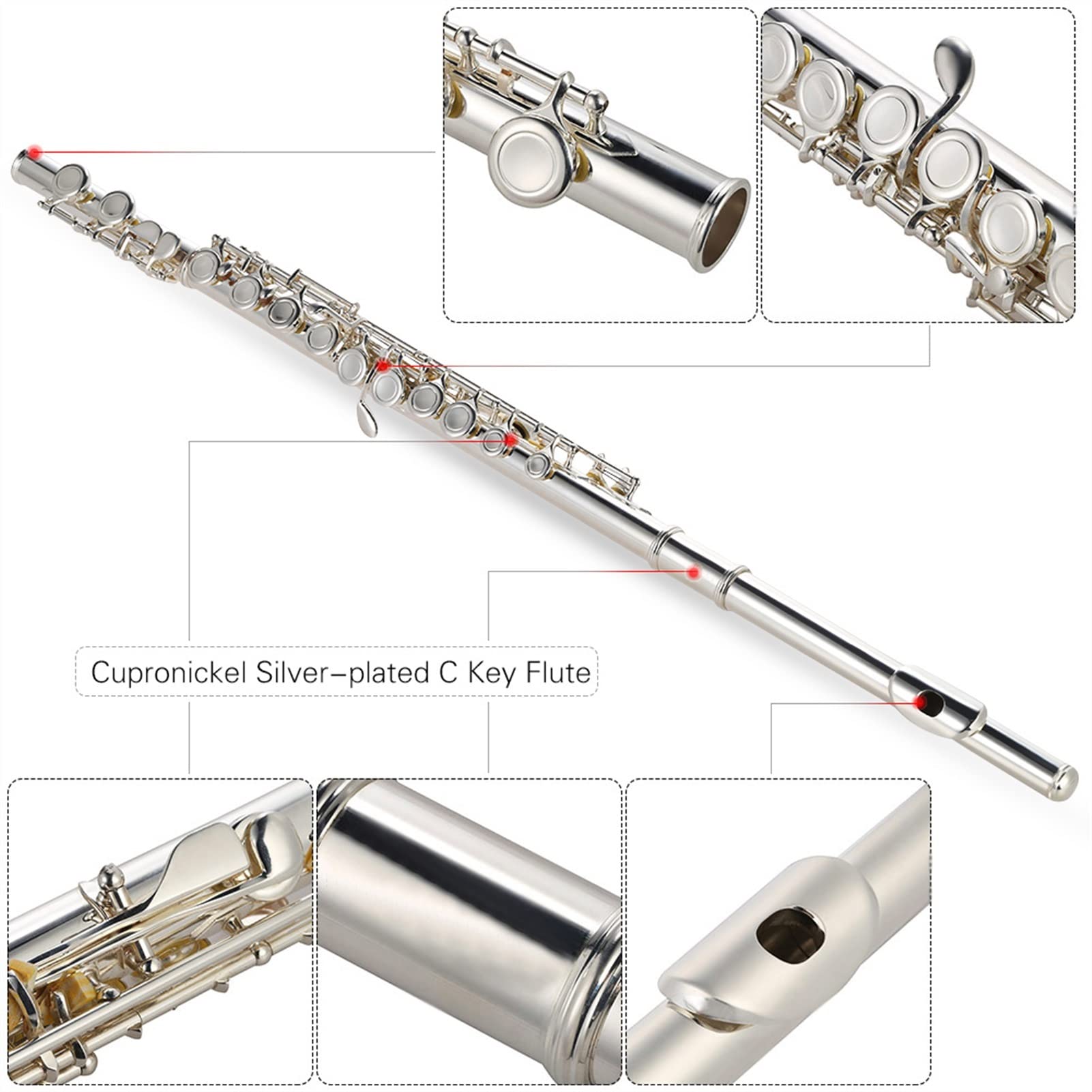 ZUZU Principiante Estudiante Concierto Flauta C Clave Níquel Plata Plateado Agujero Cerrado de 16 Orificios con Instrumento de Viento Kit Flauta
