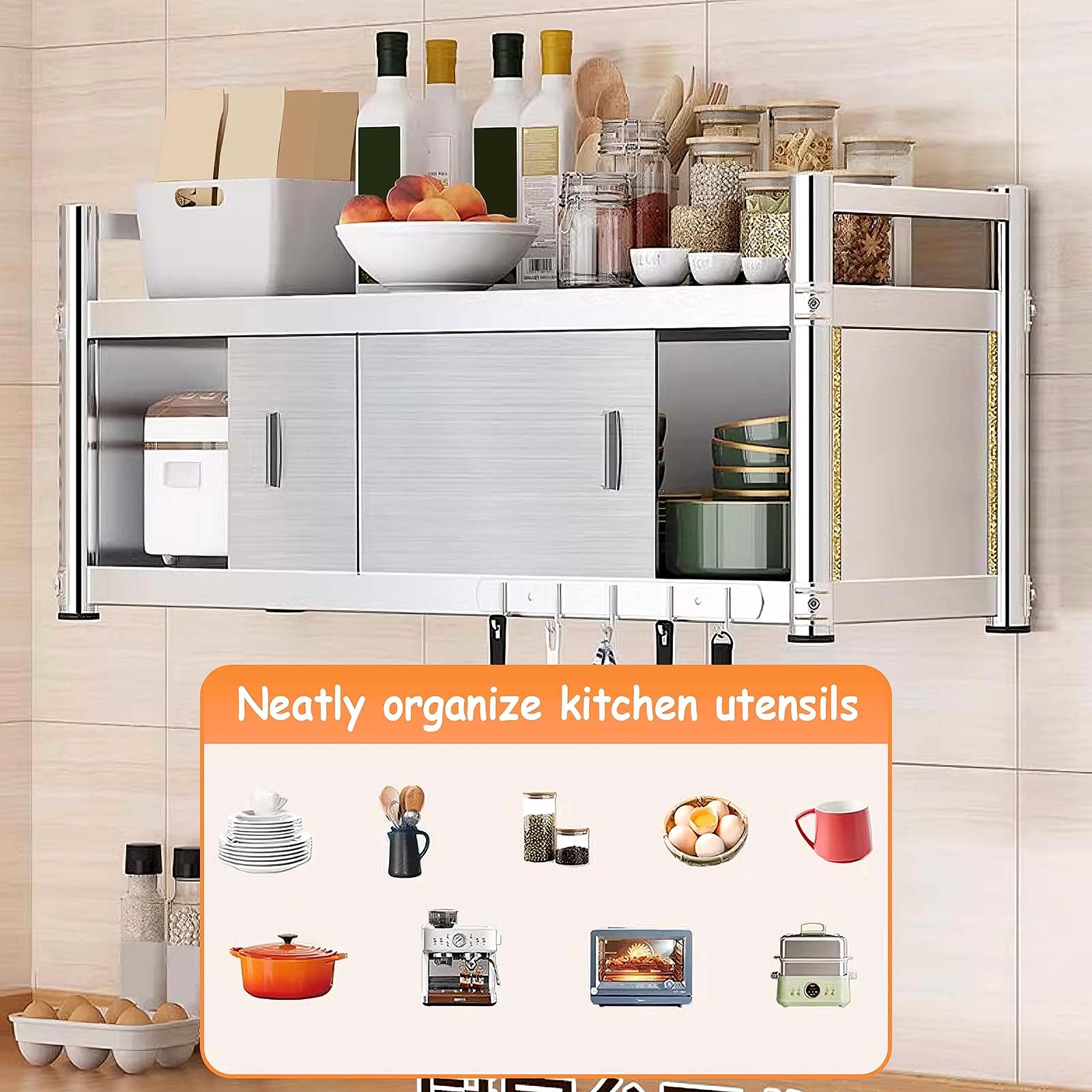 Pensile Cucina Sospeso in Acciaio Inox Pensili Cucina Sospesi con Ante Scorrevoli Design Regolabile e Salvaspazio Mobilettos Multiuso per Cucinas, Bagno, Garage, Scuola, Ufficio(100 * 35 * 90cm)